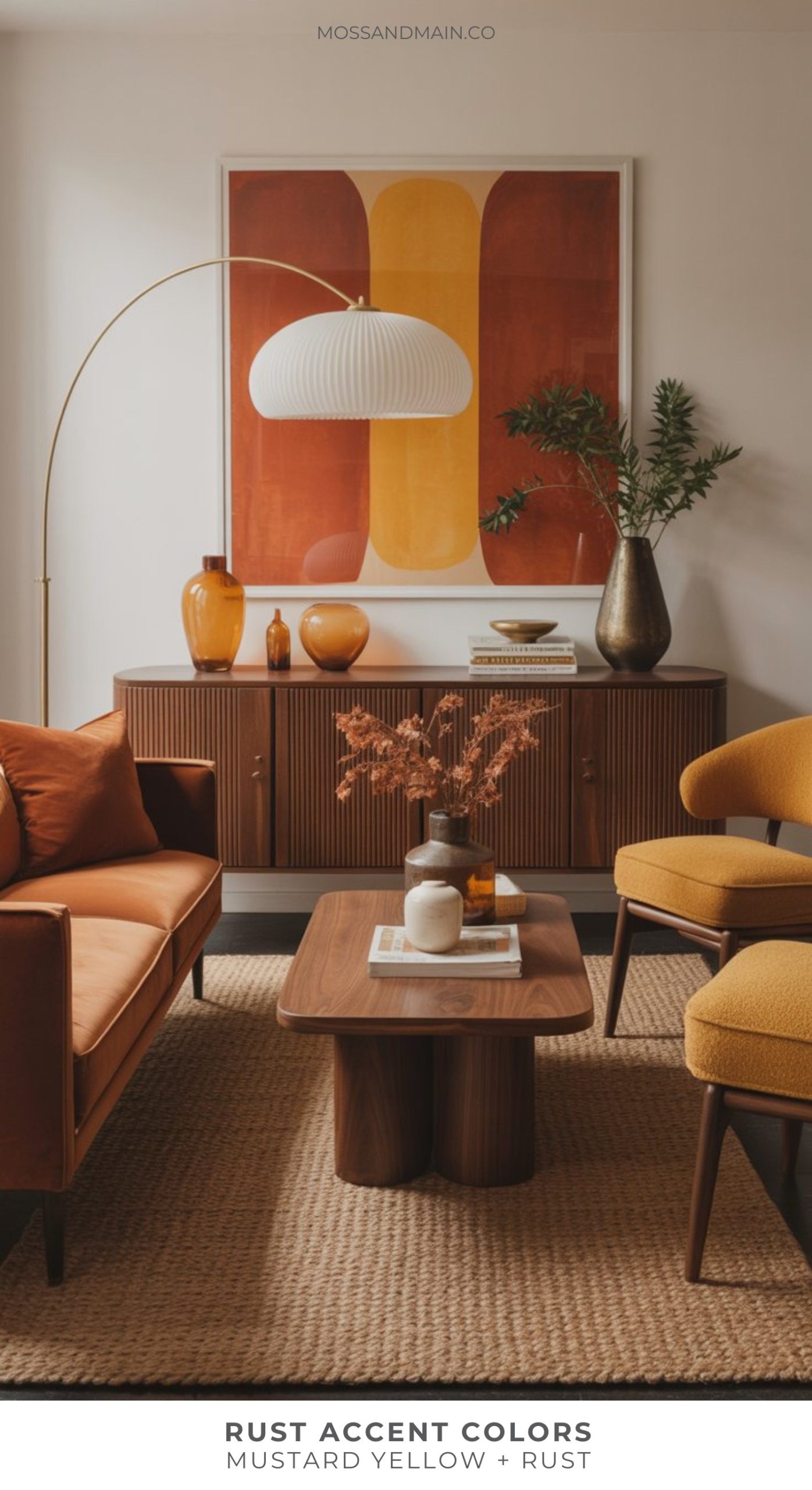 A modern living room with rust and mustard yellow accents features rust home decor—a rust sofa, mustard chair, wood furniture, vases, plants, retro abstract wall art, woven rug, and gold floor lamp. Text reads: Rust Accent Colors: Mustard Yellow + Rust.