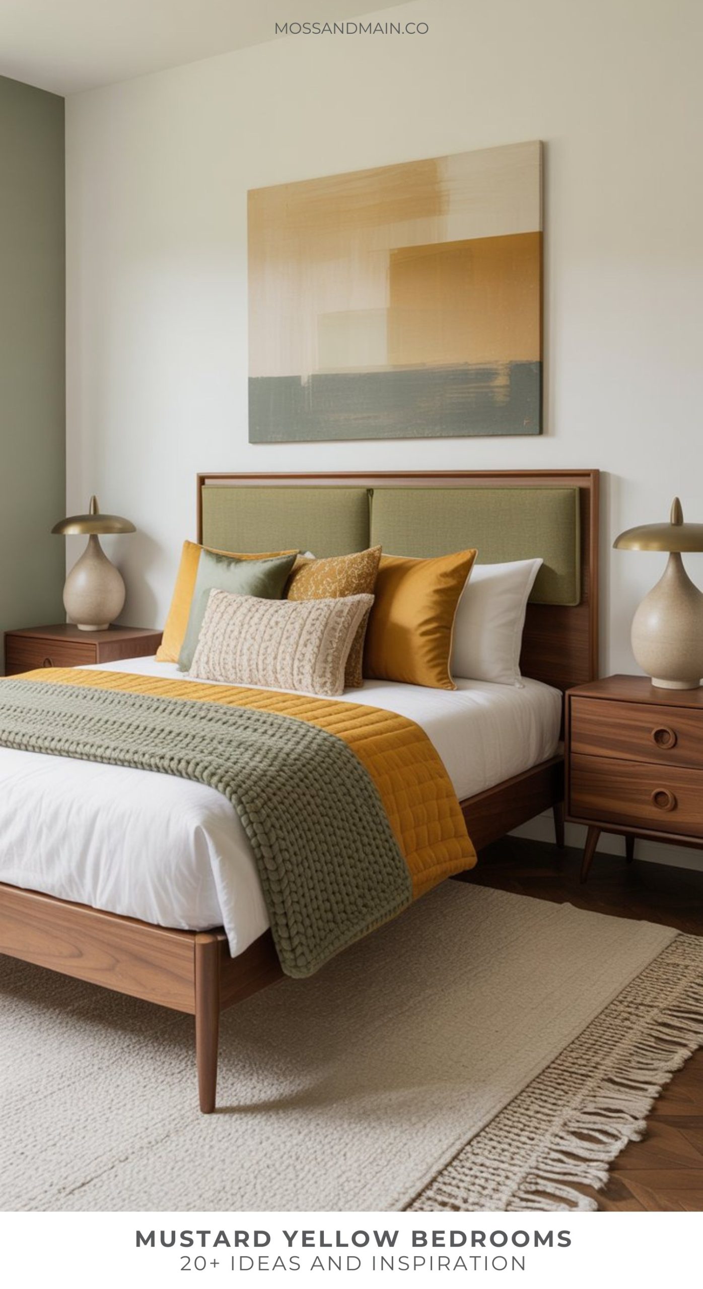 A modern bedroom with a wooden bed frame, green headboard, mustard yellow and green bedding, two wooden nightstands with lamps, a textured rug, and large abstract wall art above the bed—a perfect example of stylish Bedroom Decor ideas.