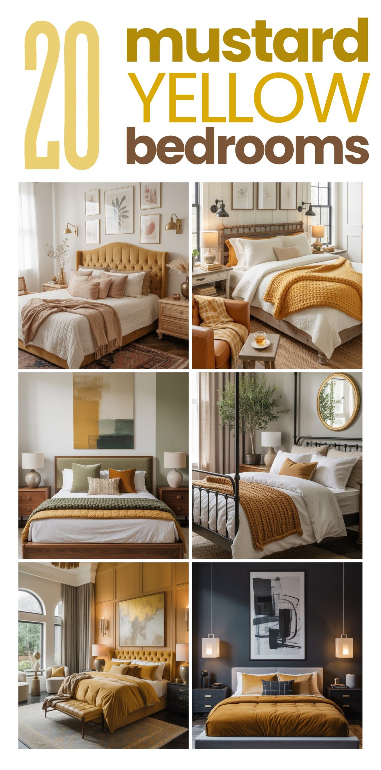 A collage displays six stylish bedrooms, each featuring mustard yellow bedding or accents, with contemporary furnishings, neutral walls, and cozy decor. The text above reads: 20 mustard yellow bedroom decor ideas.