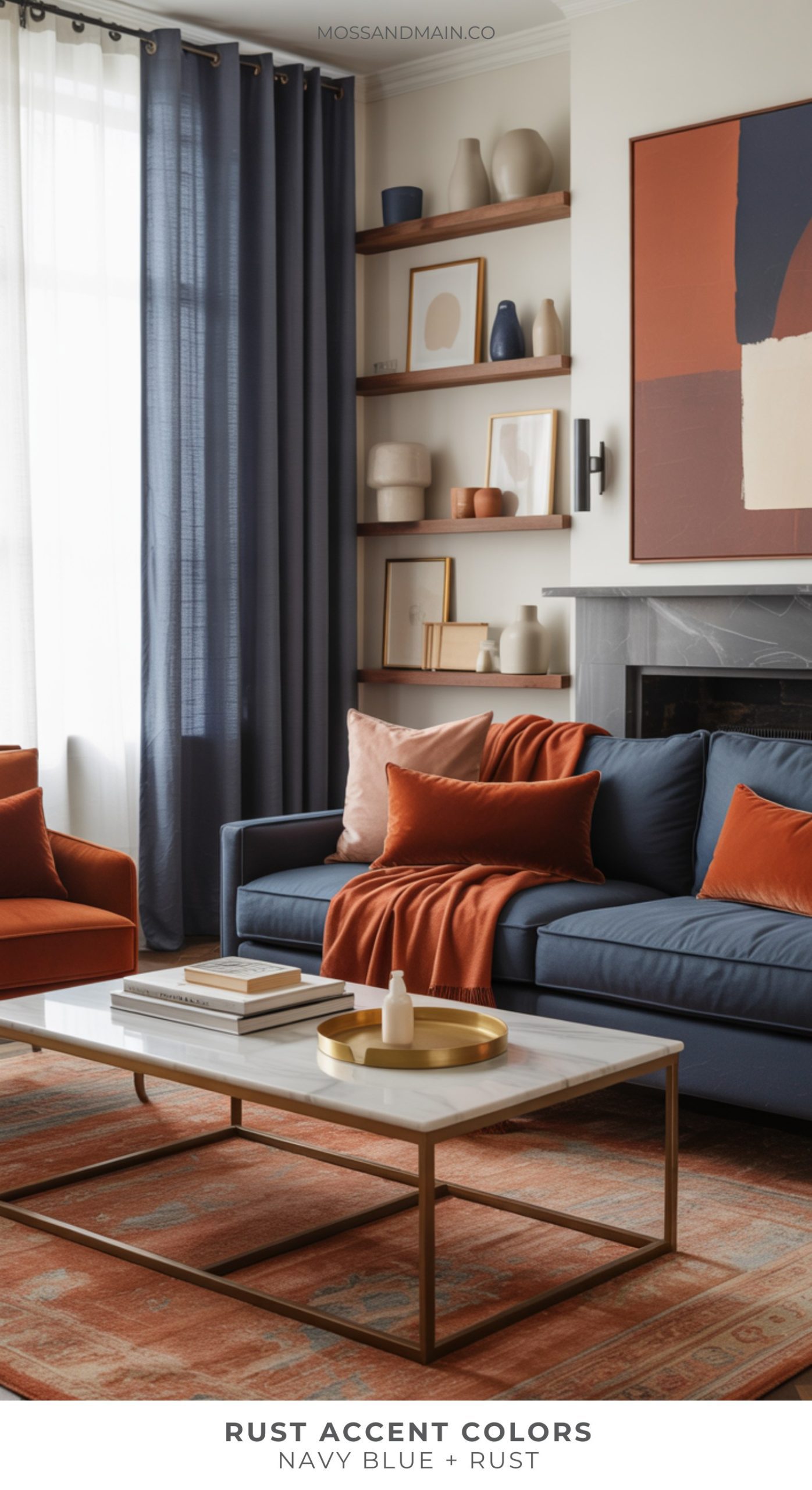 A stylish living room with a navy blue sofa, rust accent colors in the pillows and throw, a white marble coffee table with gold tray, a rust and white rug, shelves with modern decor, navy curtains, and abstract art completing the look.