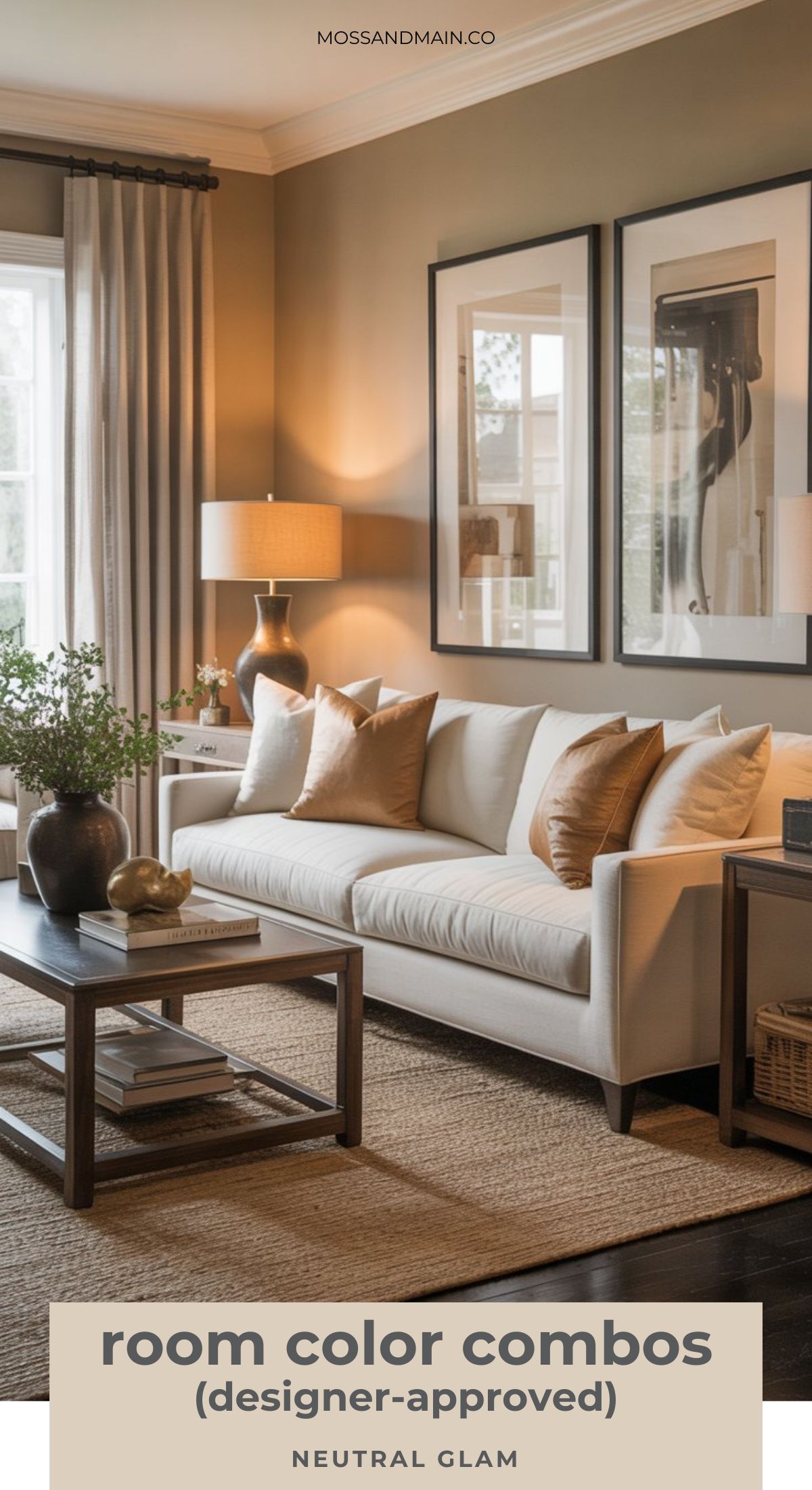 A neutral-toned living room featuring a cream sofa, tan and gold pillows, modern wooden coffee table, and large framed art on beige walls; text reads designer-approved color palettes (neutral glam) for timeless interior design.