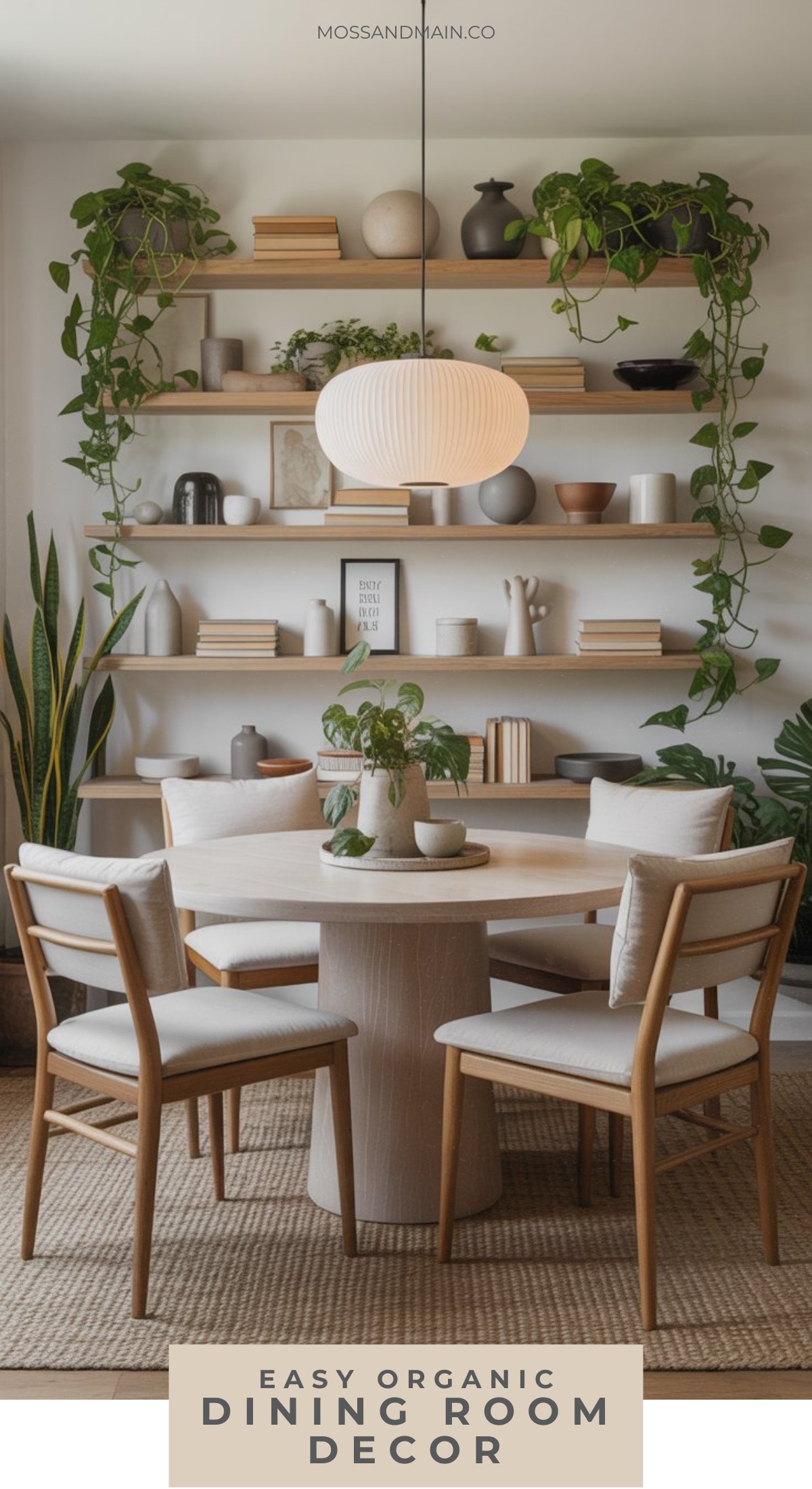 A modern dining room with a round table and four wooden chairs, neutral tones, plants on shelves, books, ceramics, and a white pendant lamp. Text reads Easy Organic Chic Dining Room Table Decor Ideas.