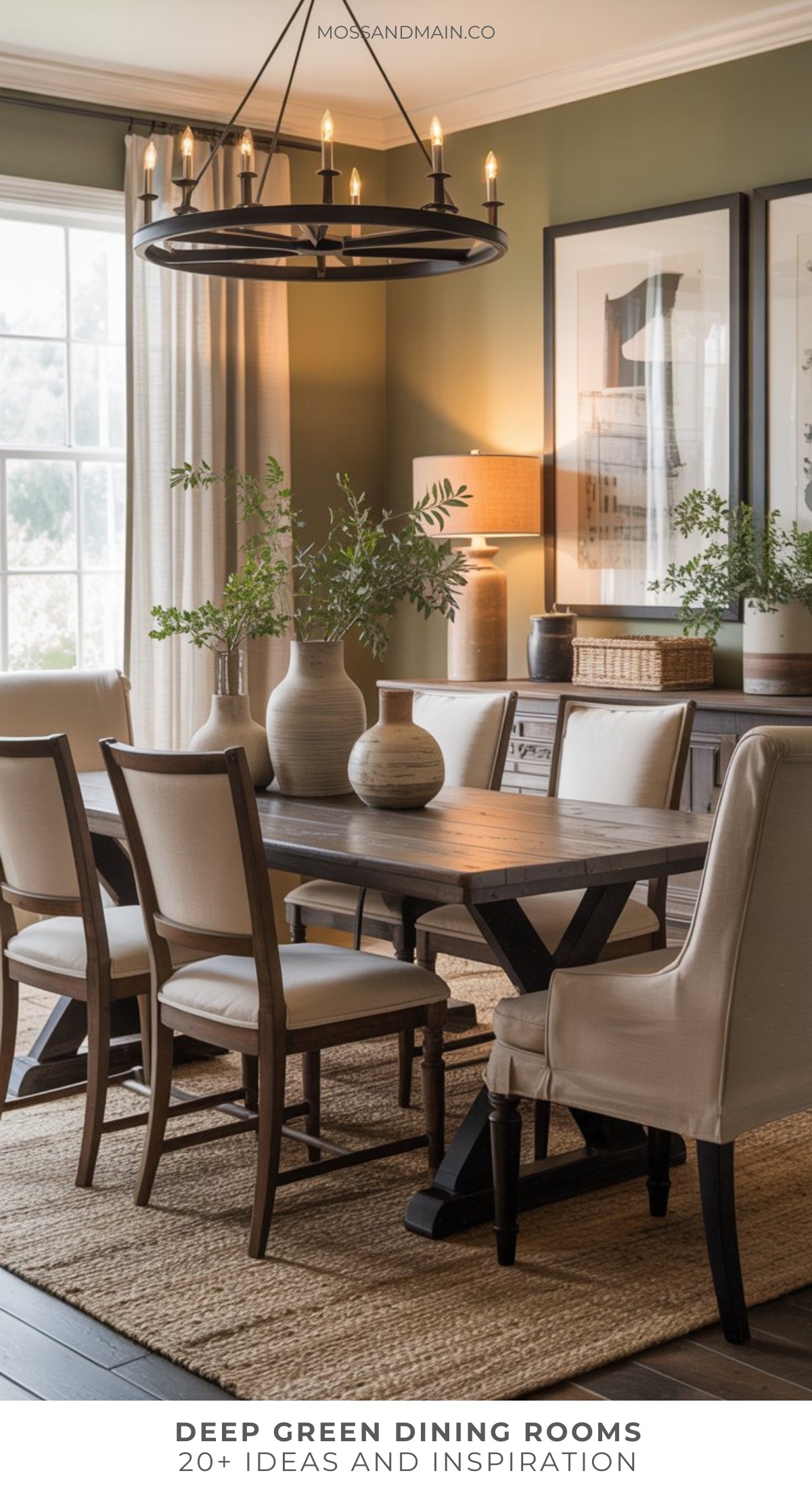 A dark green dining room features deep green walls, a wooden table, beige upholstered chairs, ceramic vases with greenery, a woven rug, and a black circular chandelier, all styled in a cozy, elegant manner.