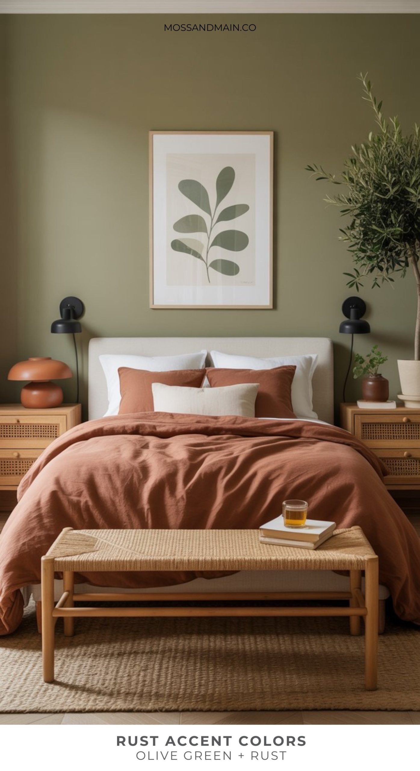 A cozy bedroom with an olive green wall, rust home decor bedding, rattan furniture, a framed leaf print above the bed, black sconces, and an indoor olive tree. Text reads: Rust Accent Colors. Olive Green + Rust.