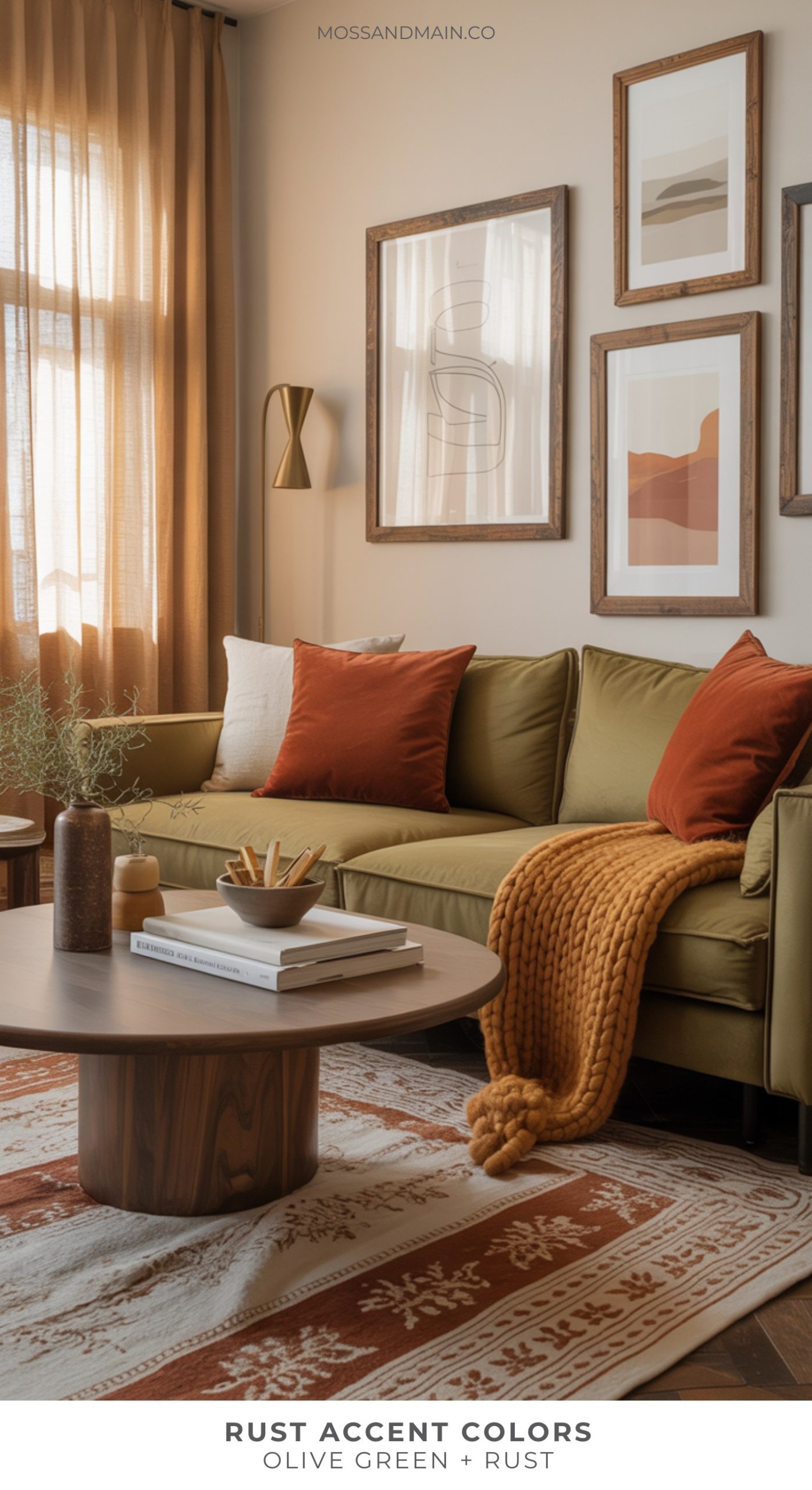 A cozy living room with an olive green sofa, rust accent colors in the pillows and chunky blanket. A wooden coffee table sits on a patterned rug, abstract art hangs above, and warm sunlight filters through beige curtains.