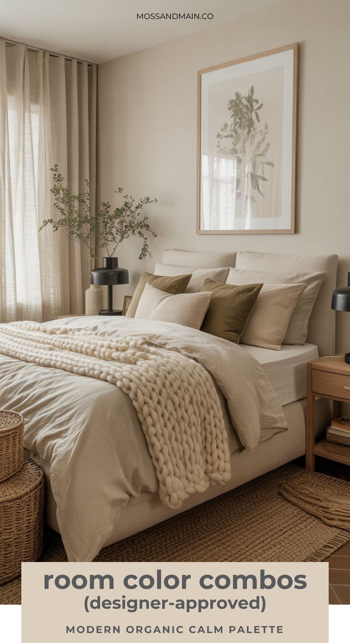 A cozy bedroom with neutral beige walls, a neatly made bed with cream and olive pillows, a chunky knit blanket, natural wood furniture, woven baskets, and a framed botanical print features designer-approved color palettes that never go out of style.