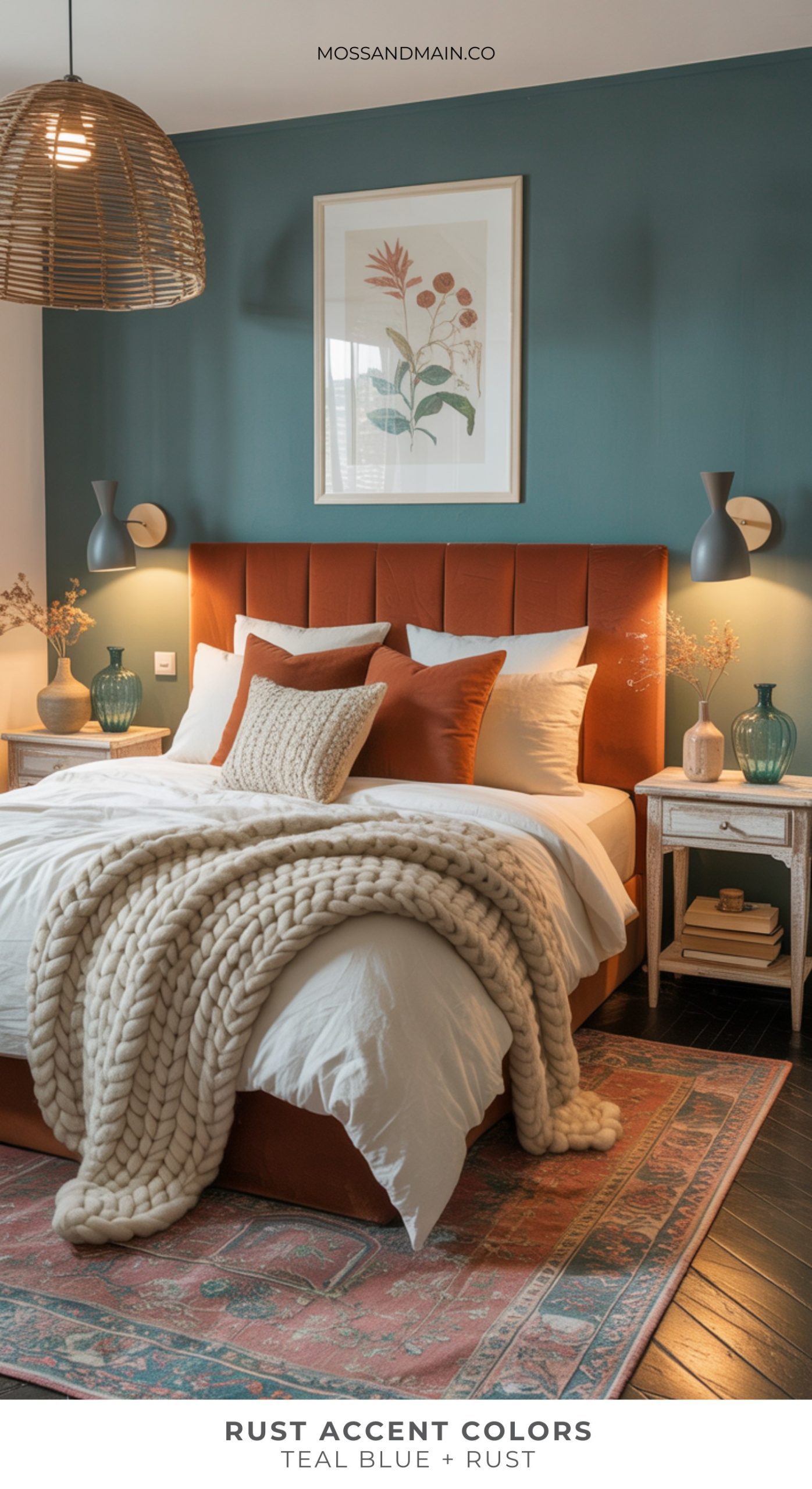 A cozy bedroom with rust home decor, white bedding, chunky knit blanket, teal blue accent wall, two nightstands with lamps, framed art above the bed, and a woven pendant light. Text reads: RUST ACCENT COLORS TEAL BLUE + RUST.