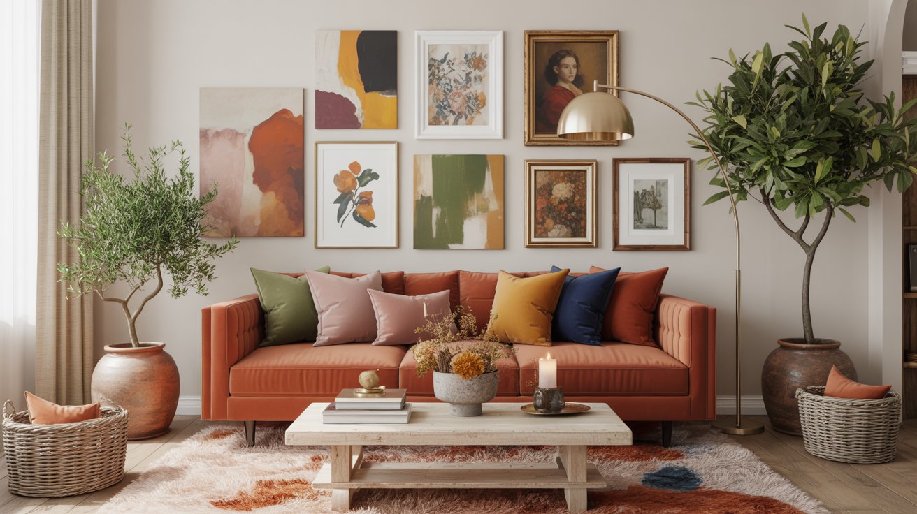 A cozy living room with an orange sofa, colorful cushions, and rust accent colors. A wooden coffee table with candles, potted plants, a woven basket, and a gallery wall of assorted art add to the warm and inviting rust home decor.
