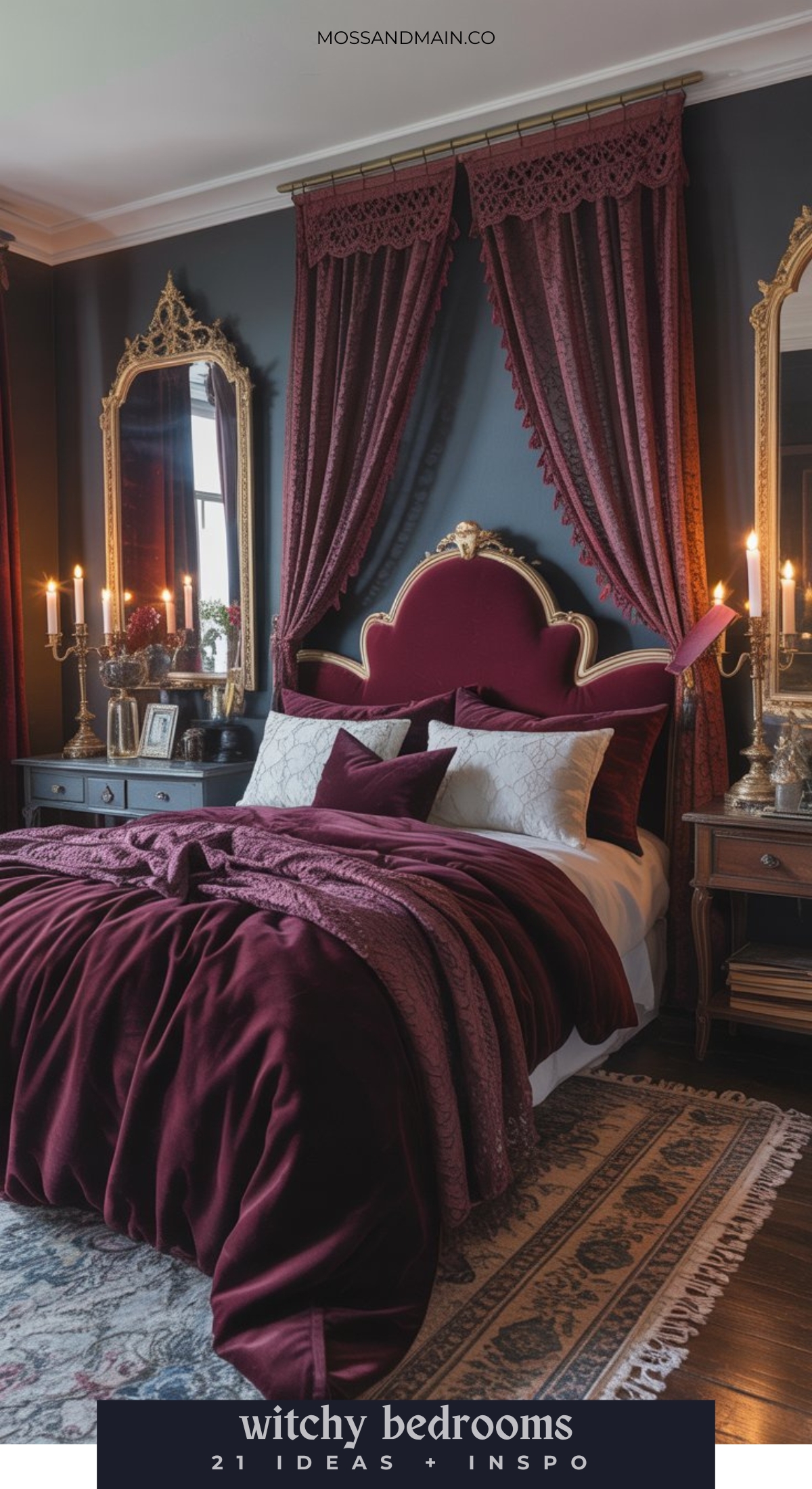 A dark, elegant bedroom with a gothic vibe is the perfect magical hideaway, featuring a plush burgundy bed, ornate gold mirrors, vintage nightstands, candelabras, and moody lighting for cozy bedroom inspiration.