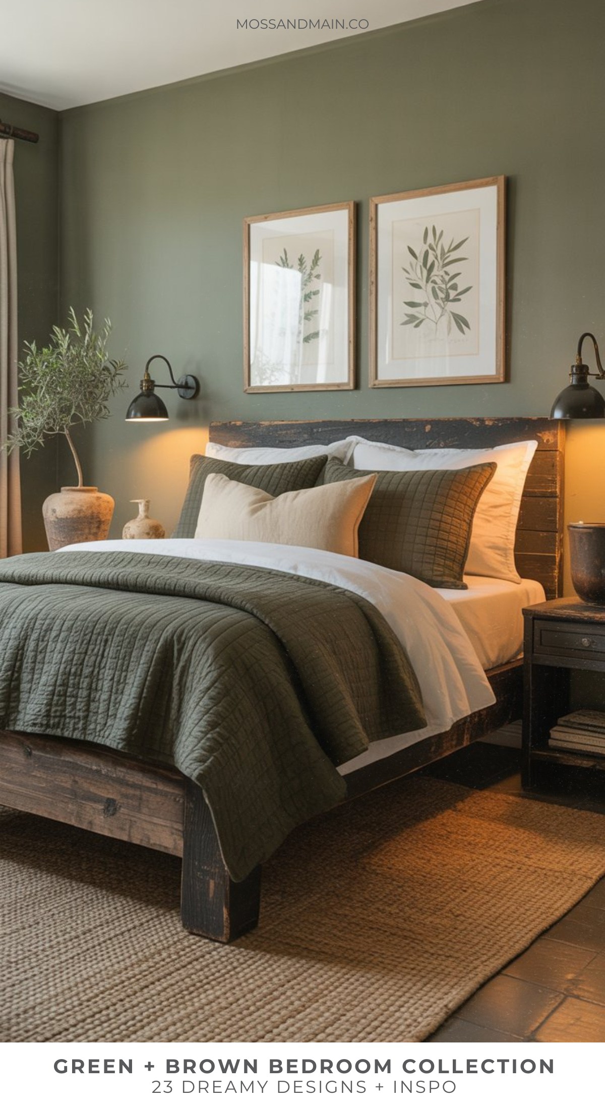 A cozy green bedroom with an olive accent wall, wooden bed frame, green quilt and pillows, white bedding, two botanical prints above the bed, wall sconces, a nightstand, and natural light—a perfect choice for moody bedroom ideas.