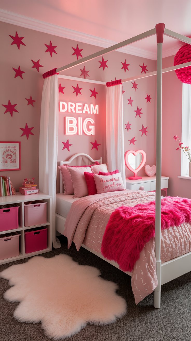 A blush pink bedroom with a canopy bed, fluffy pink bedding, a heart-shaped lamp, and a wall decorated with pink stars and a glowing DREAM BIG sign. A white faux fur rug adds cozy charm to the space.