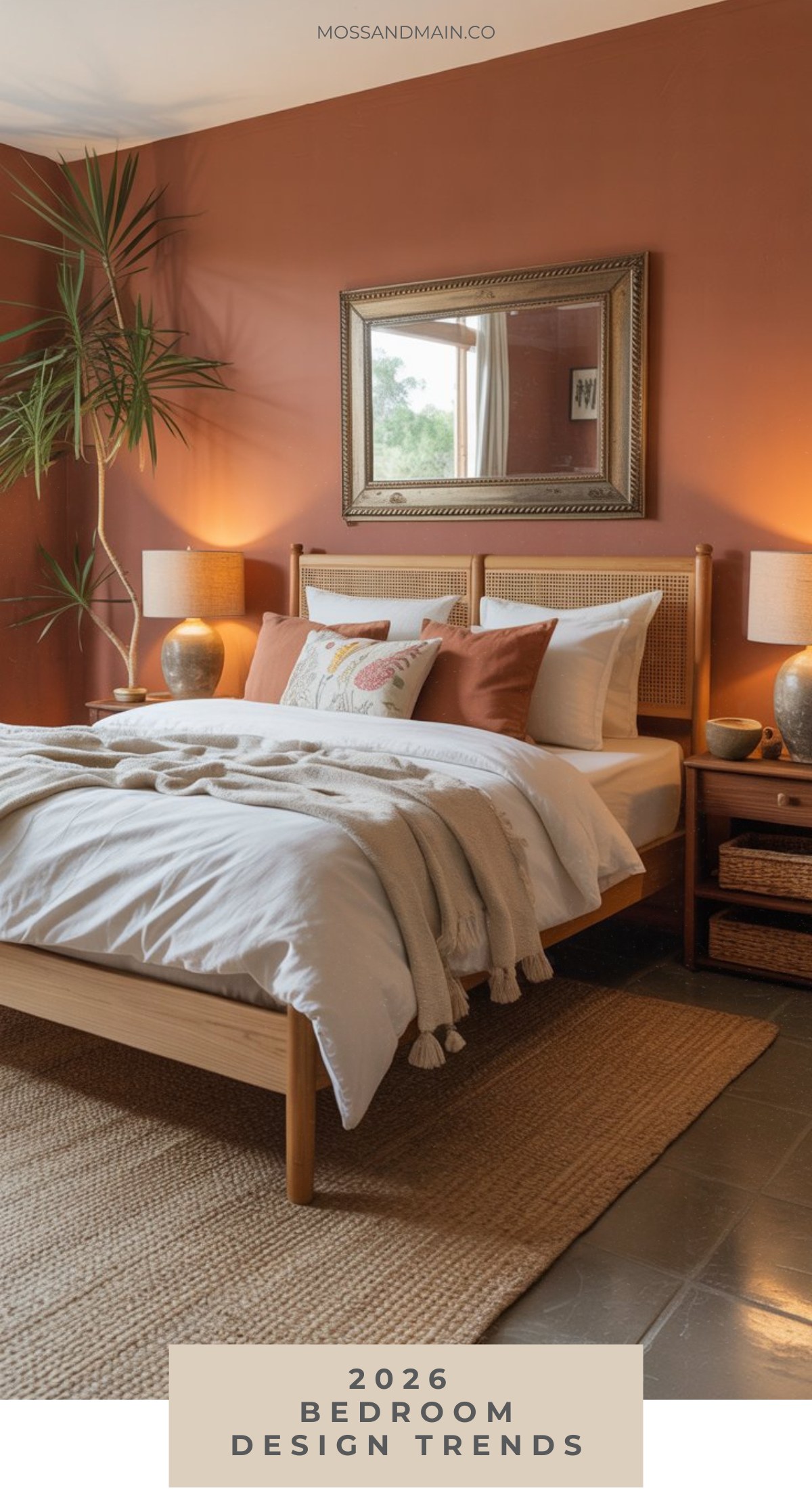 A cozy bedroom with a wooden bed, white and rust-colored bedding, matching lamps, a large framed mirror, a tall potted plant, and earthy decor perfectly highlights the latest bedroom design trends for 2026.