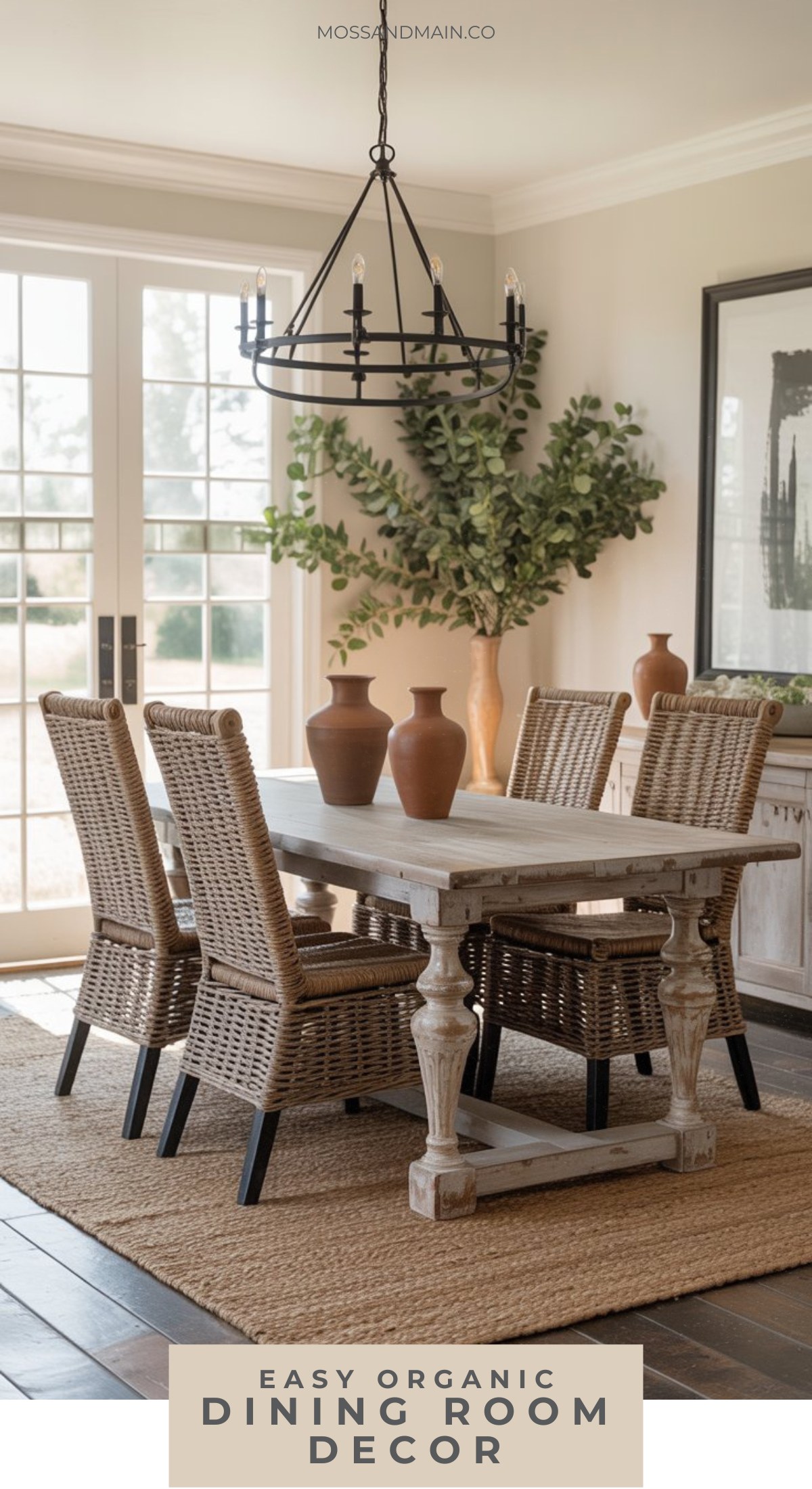 A dining room with a rustic wooden table, four wicker chairs, brown vases, a large green plant, and natural light streaming through glass doors. Text reads Affordable Decorating for Easy Organic Chic Dining Room Table Decor.
