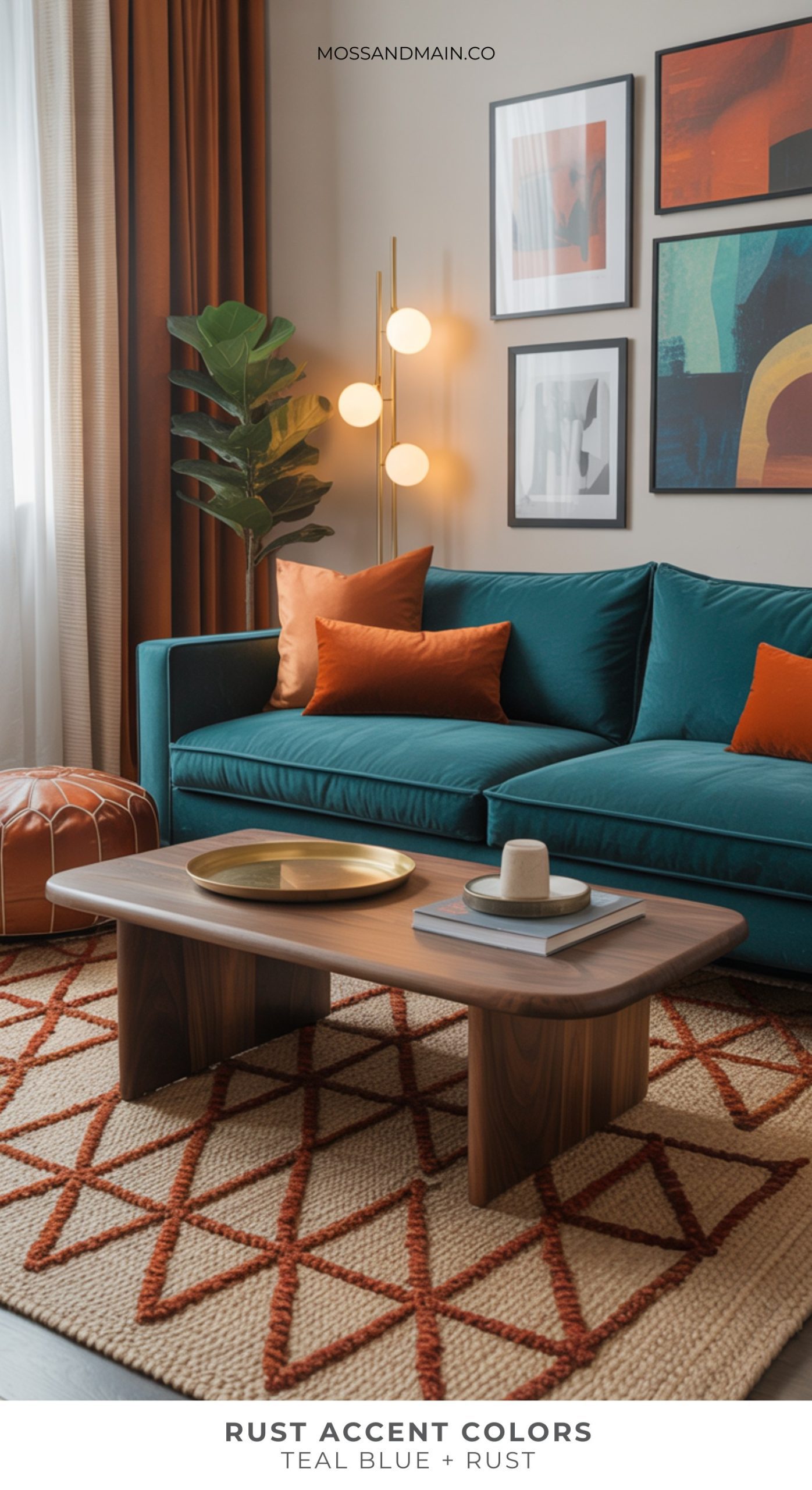 A modern living room with a teal blue sofa, rust-colored pillows, geometric rug, wooden coffee table, wall art, tall plant, and gold floor lamp. The palette highlights rust home decor and bold teal blue accents.