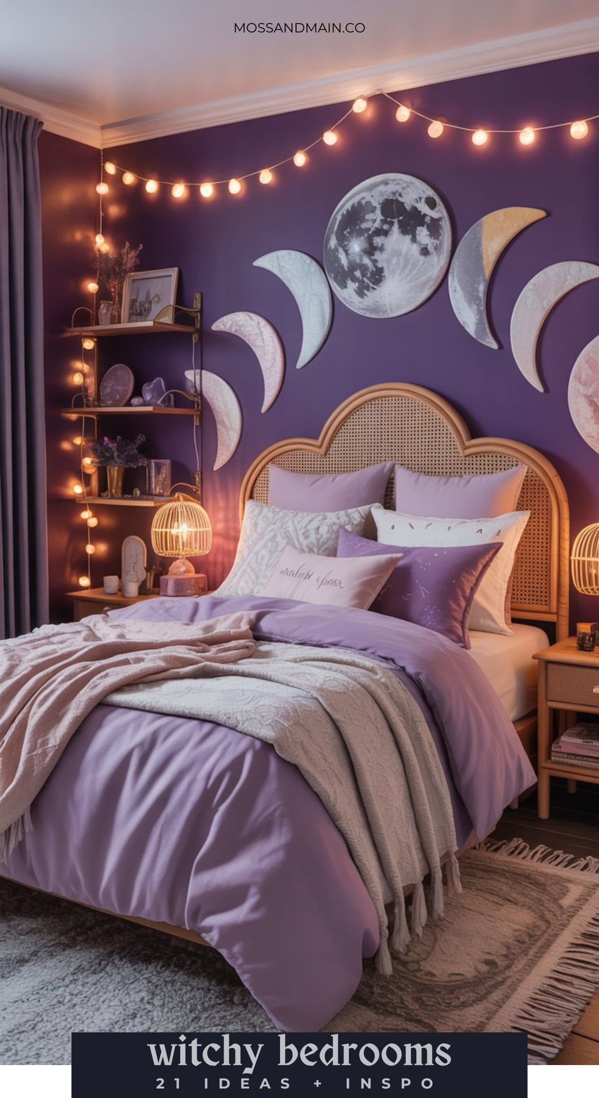 A cozy purple bedroom with moon phase wall art above a rattan bed, string lights, and shelves holding crystals and decor. Soft blankets and pillows in lavender tones create a magical, mystical vibe—perfect for those seeking witchy bedroom ideas.