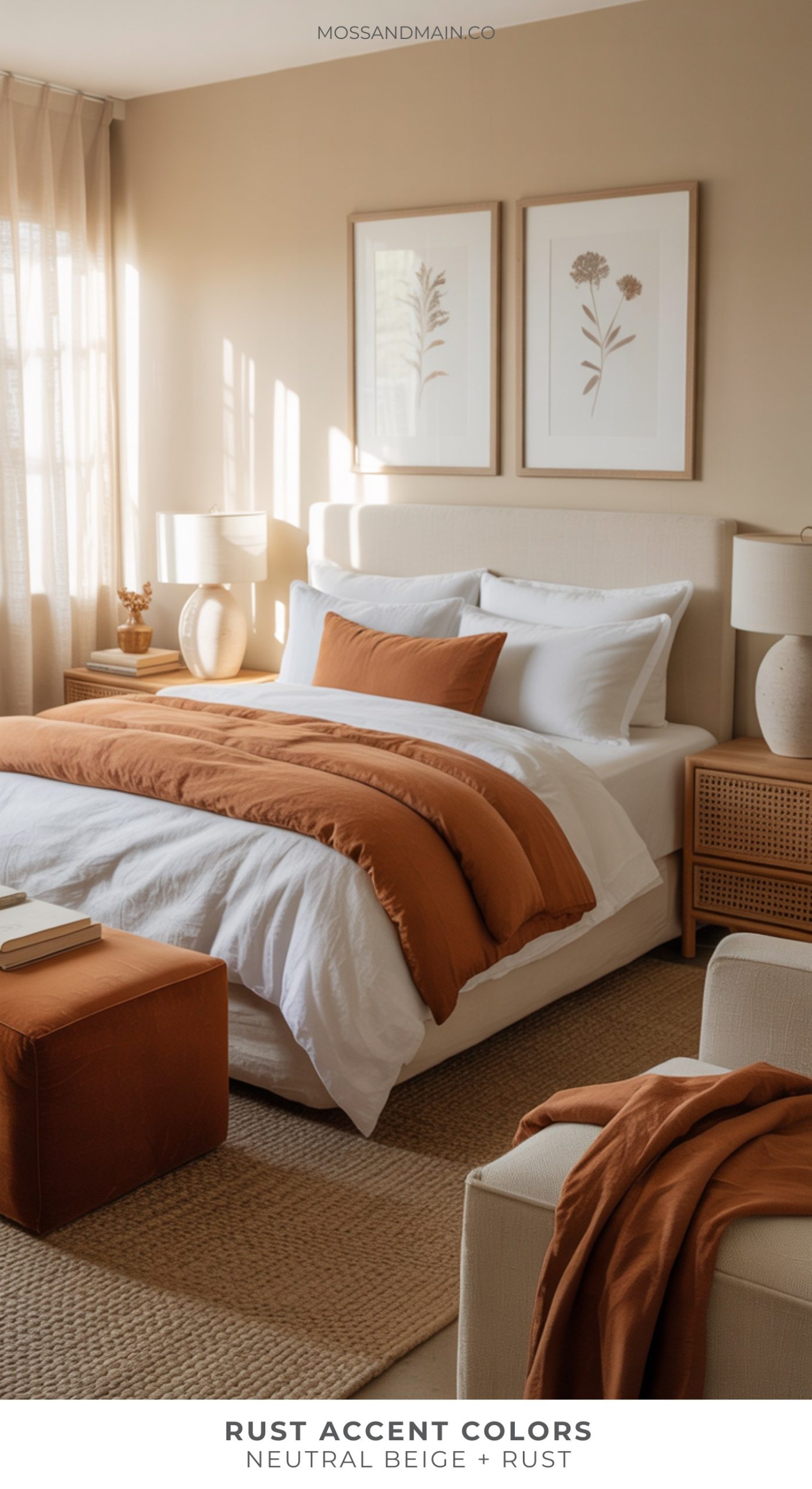 A cozy bedroom with beige walls, white bedding, and rust accent colors in the pillows, blanket, and ottoman. Natural light streams in, highlighting botanical wall art and wooden furniture for a warm touch of rust home decor.