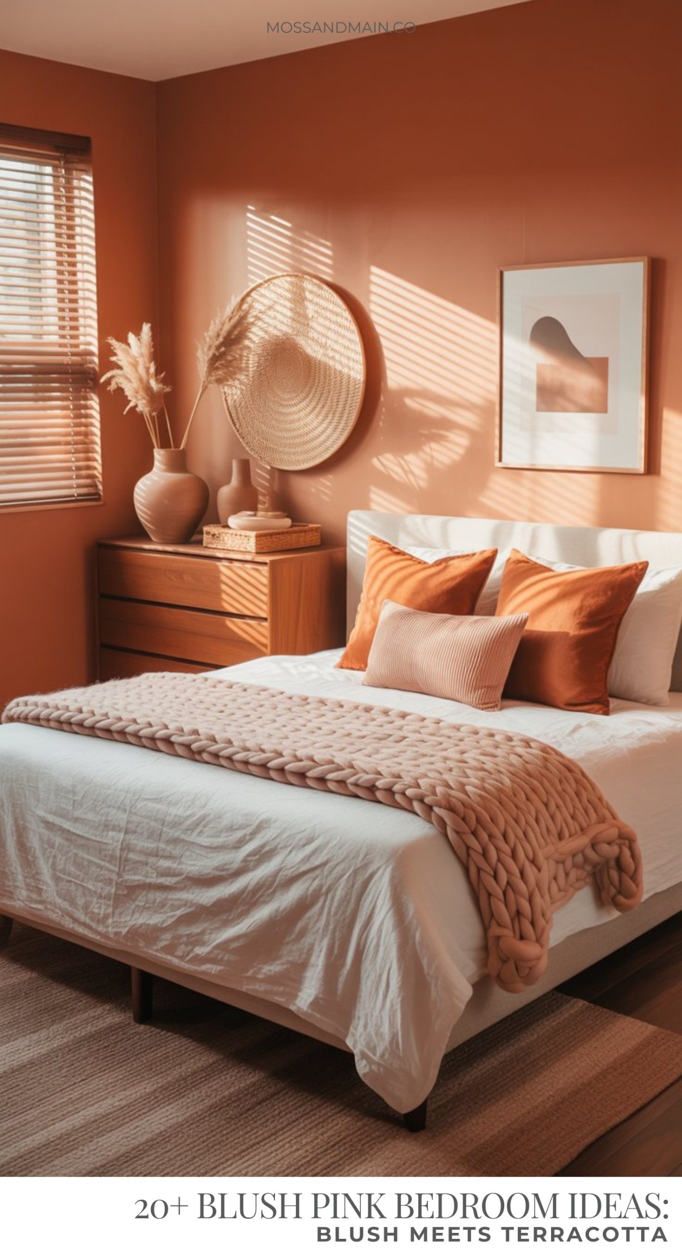 A cozy blush pink bedroom features terracotta tones, a chunky knit blanket, textured pillows, wooden furniture, dried plants, and woven wall decor, all bathed in natural light from a window with blinds.