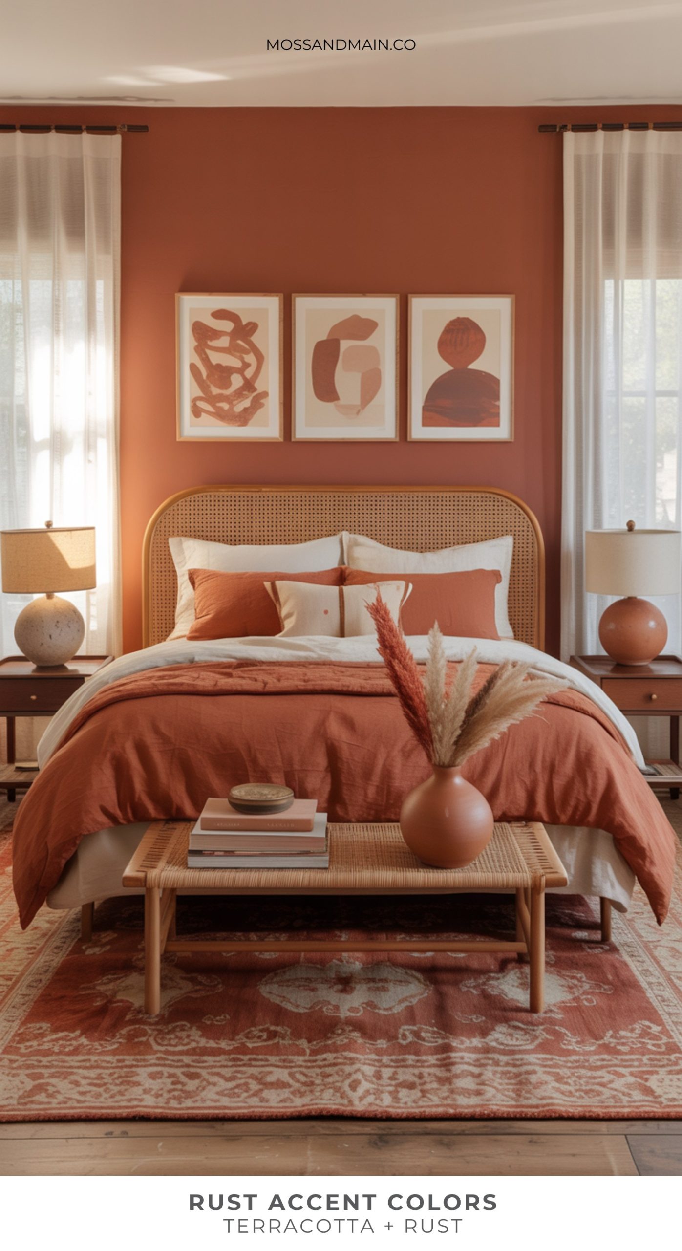 A cozy bedroom with rust accent colors and terracotta touches, featuring a cane headboard, rust bedding, abstract art above the bed, matching lamps, and a bench with a vase of pampas grass. Light streams through sheer curtains.