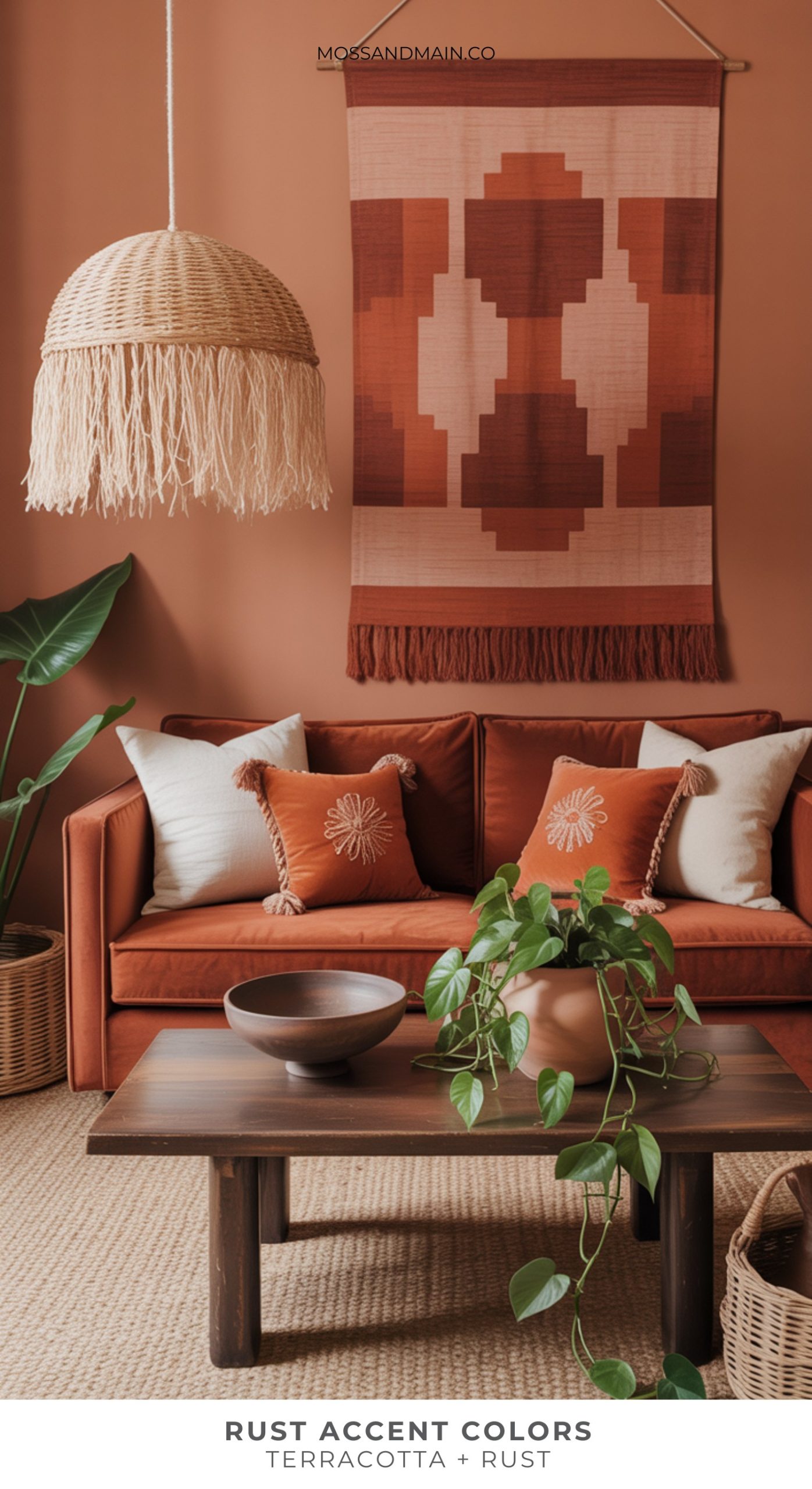 A cozy living room with rust accent colors features a rust-colored sofa, patterned pillows, a wooden coffee table with bowls, a potted plant, and a woven pendant lamp. A geometric wall hanging in rust and beige is displayed above the sofa.