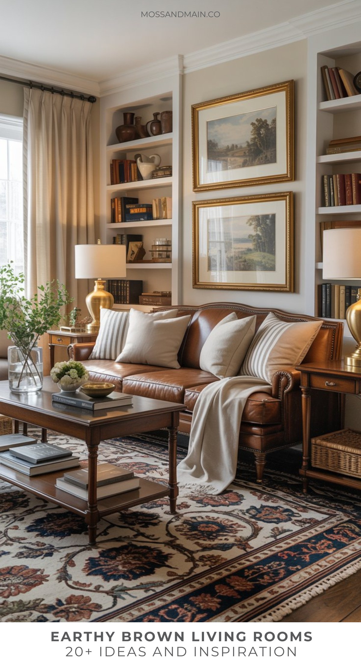 A cozy brown living room features a leather sofa with cream pillows, patterned rug, coffee table, shelves with books and pottery, leafy plant, and framed artwork. Discover more brown living room ideas for your space. “Earthy Brown Living Rooms: 20+ Ideas.”.