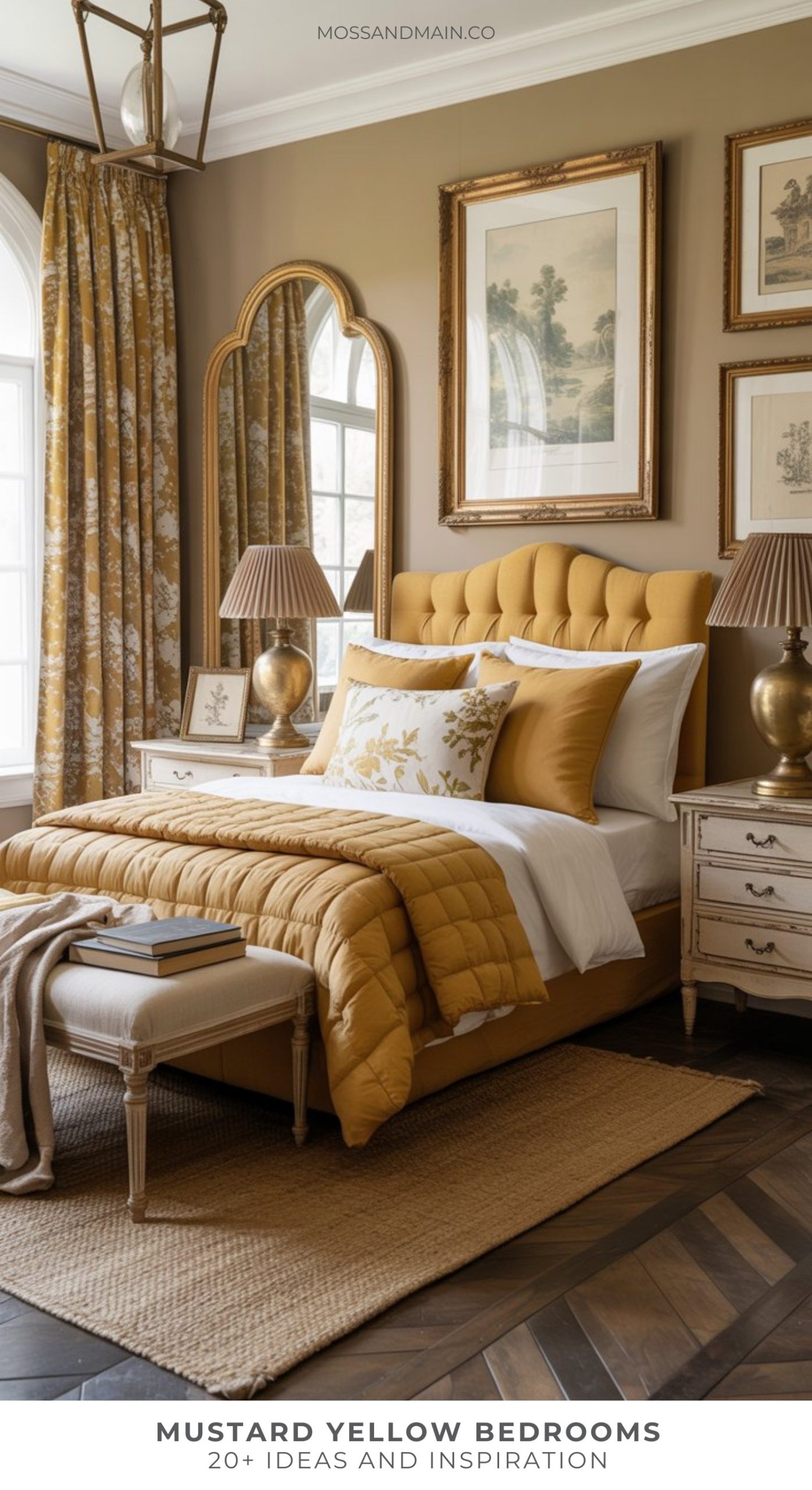 A cozy bedroom with a mustard yellow upholstered bed, matching bedding, floral accents, vintage nightstands, gold lamps, framed wall art, and patterned curtains by a large arched window—perfect for stylish Bedroom Decor ideas.