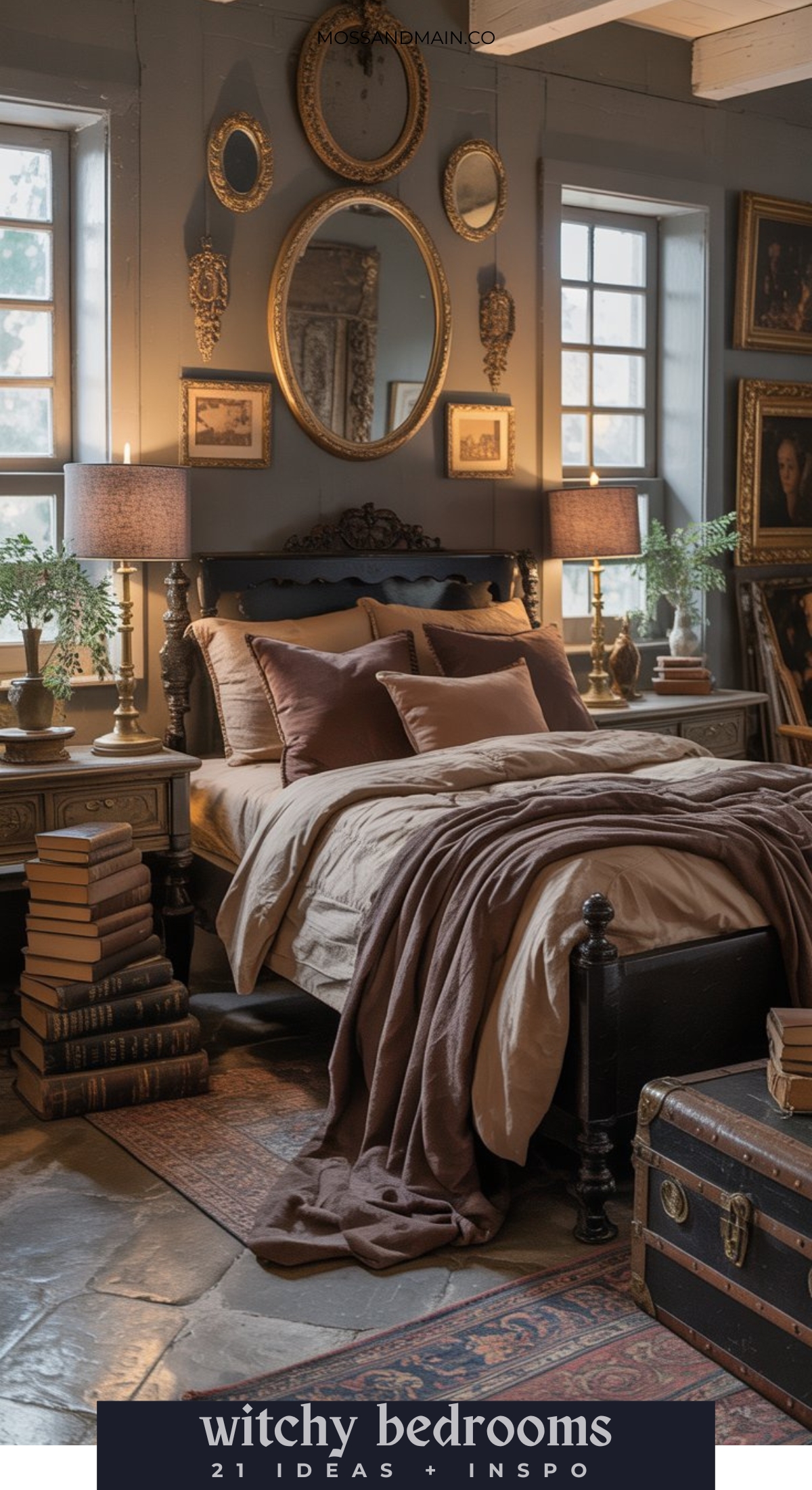 A cozy bedroom with vintage decor, ornate bed, earth-tone pillows and blankets, antique mirrors, old books beside the bed, and warm lamps—perfect inspiration for those seeking witchy bedroom ideas and a mystical atmosphere.
