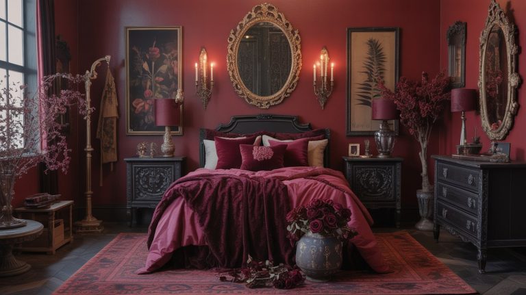 A luxurious, cozy bedroom features deep red walls, ornate mirrors, dark wood furniture, and rich burgundy bedding—perfect for those seeking witchy bedroom ideas and a magical hideaway with an elegant vintage atmosphere.