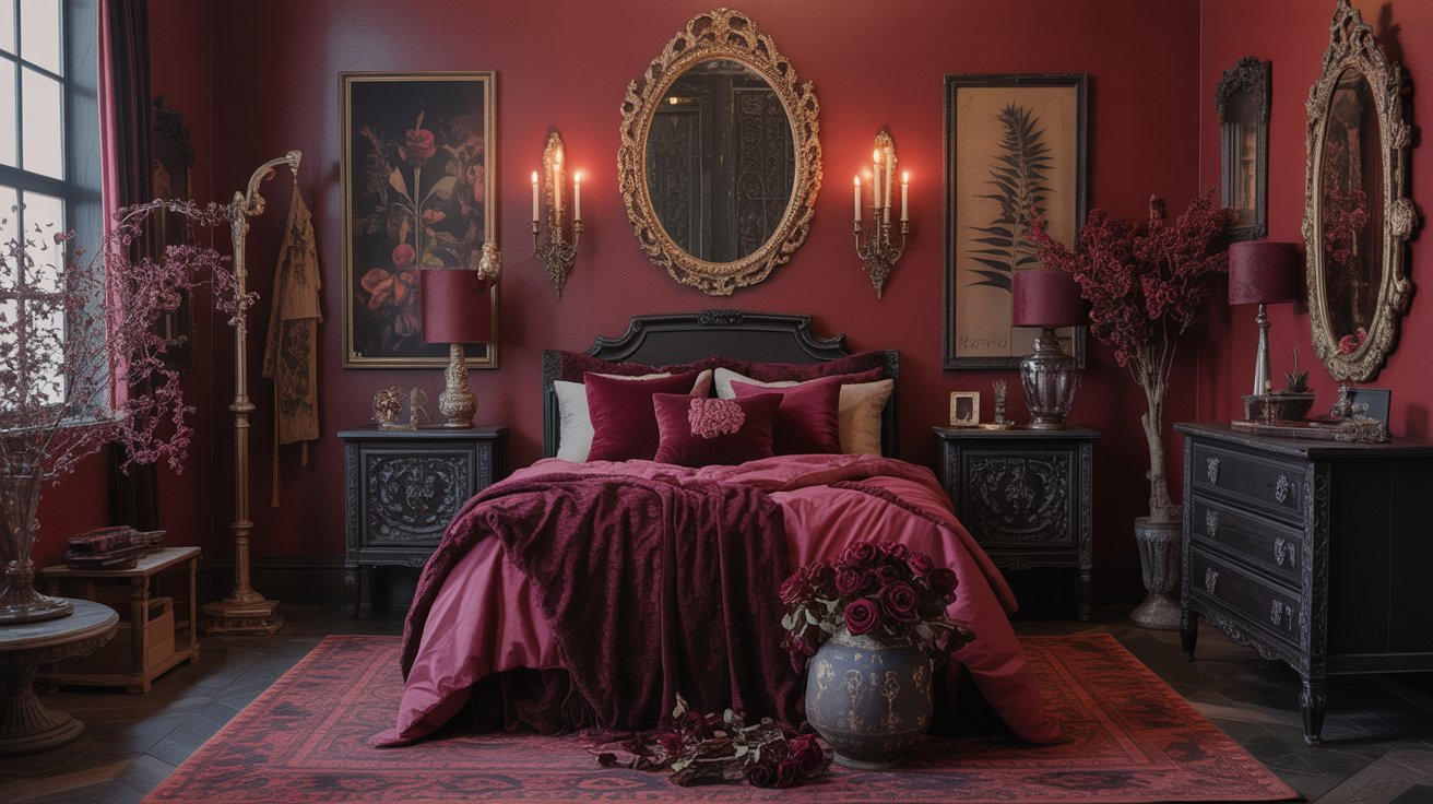 A luxurious, cozy bedroom features deep red walls, ornate mirrors, dark wood furniture, and rich burgundy bedding—perfect for those seeking witchy bedroom ideas and a magical hideaway with an elegant vintage atmosphere.