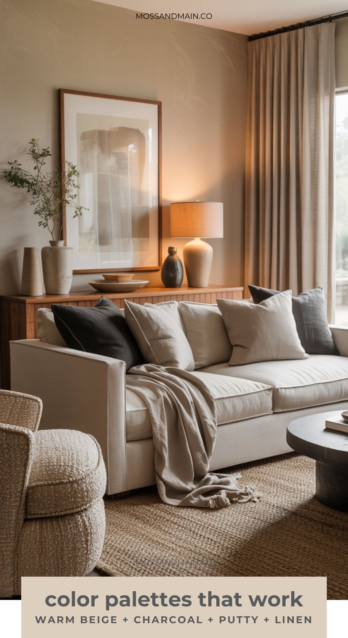 A cozy living room with a beige sofa, neutral throw pillows, a textured armchair, wooden sideboard, art prints, and ceramic vases. For more decorating tips and color palettes that work, embrace warm earthy tones and soft beige curtains.