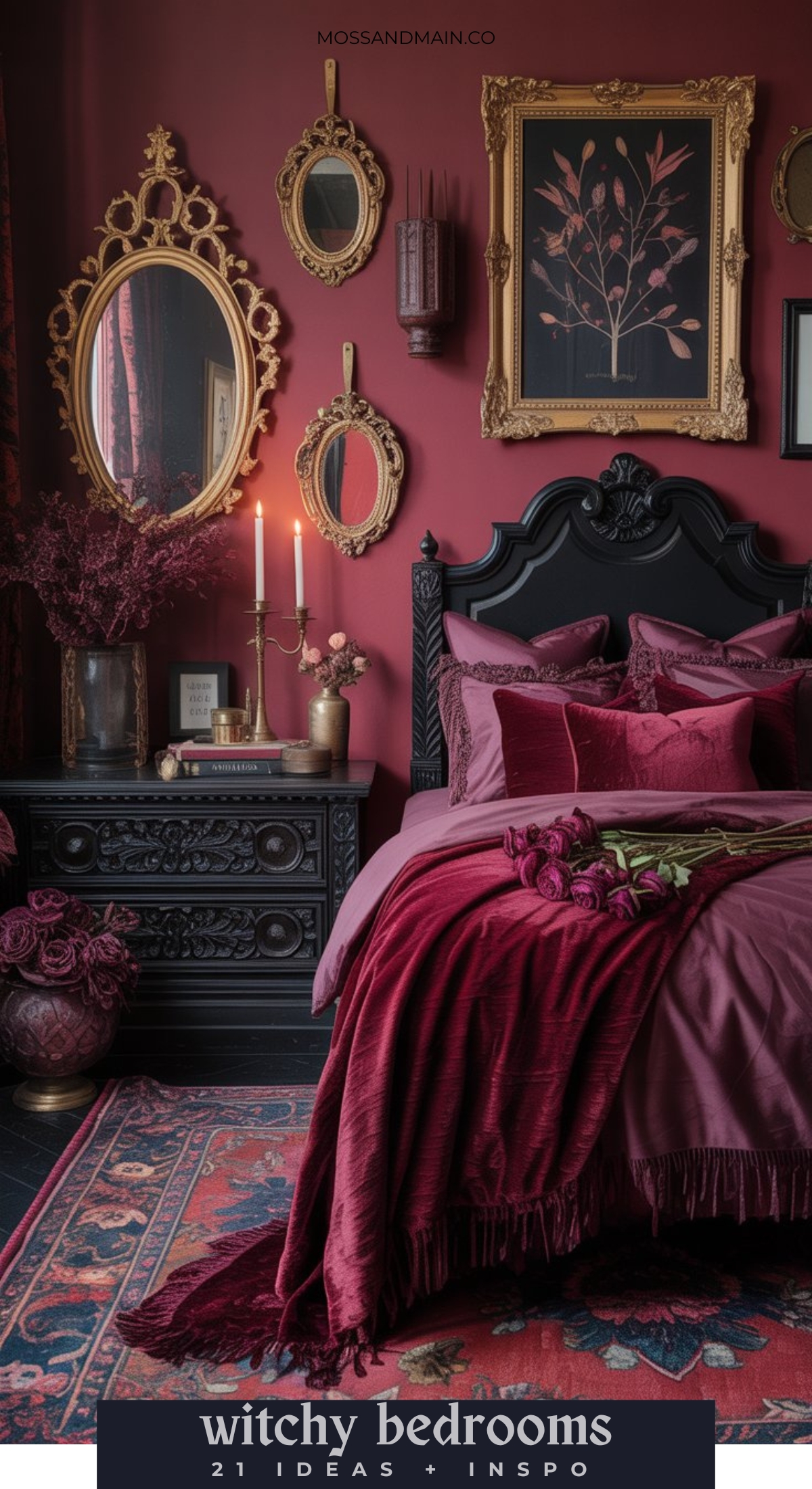 A bedroom with deep red walls and bedding, ornate gold mirrors and frames, dark carved headboard, candles, vintage nightstand, and gothic decor—perfect inspiration for those seeking moody witchy bedroom ideas.