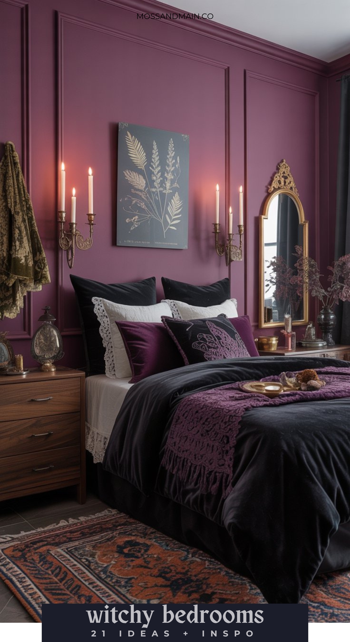 A bedroom with dark purple walls, gold accents, elegant candle sconces, and botanical wall art. The bed’s layered bedding and vintage decor are perfect for anyone seeking witchy bedroom ideas and a mystical, enchanting aesthetic.
