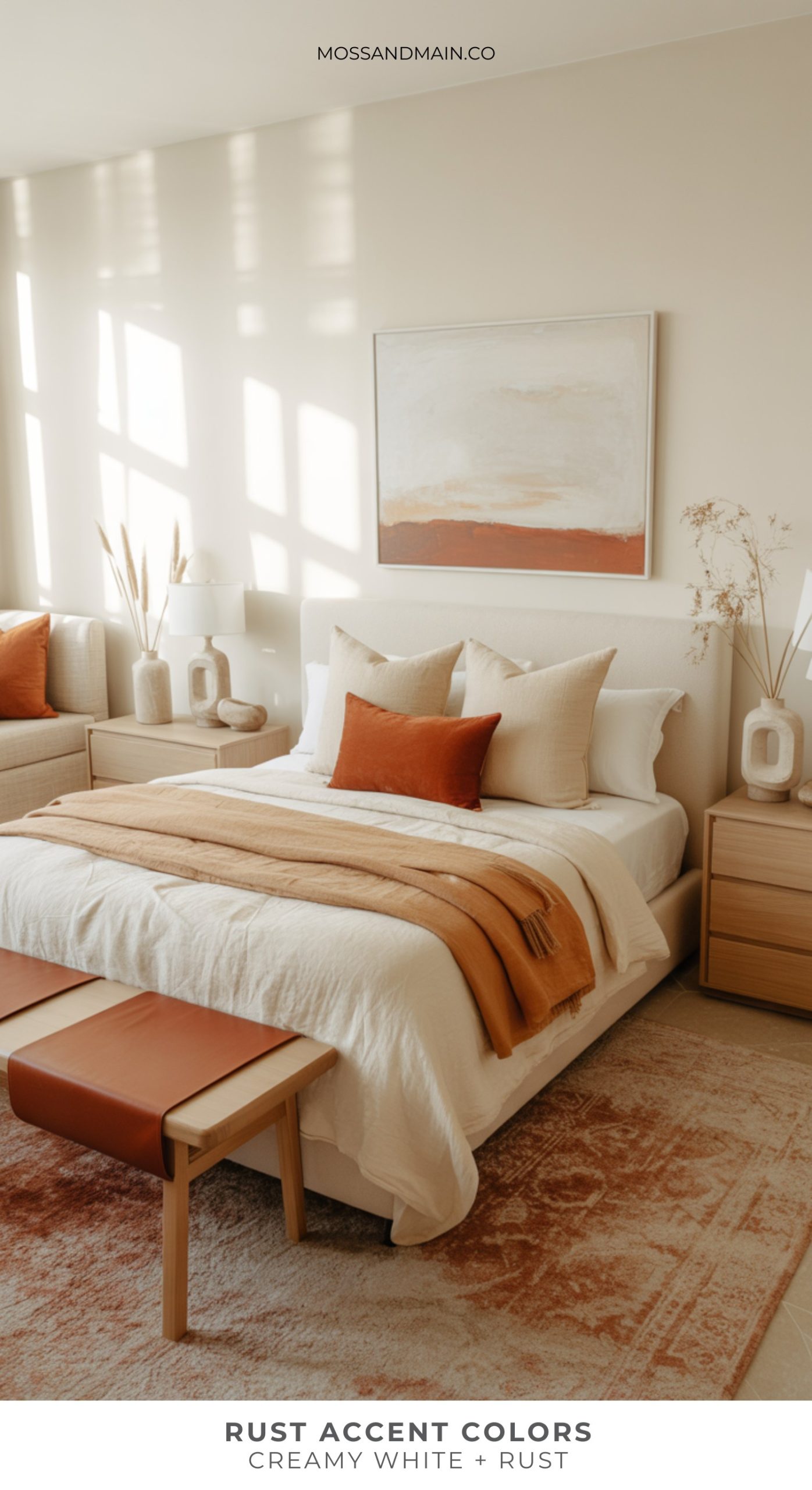 A cozy bedroom features a creamy white bed with rust accent colors in the pillows and throw. Light wood nightstands and benches, abstract wall art, and dried floral decor complete the earthy, minimalist look as sunlight streams through large windows.