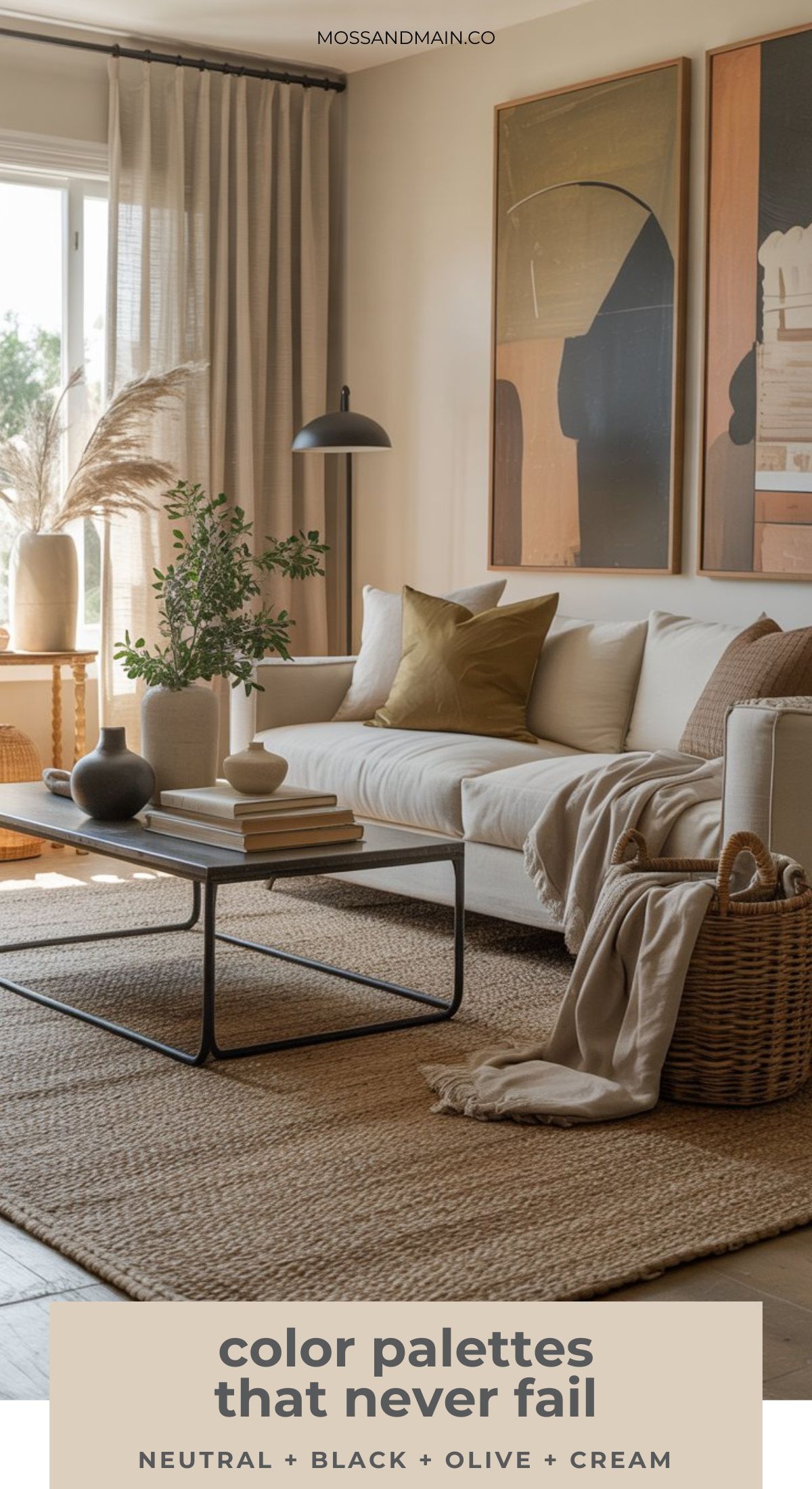 A cozy living room with a cream-colored sofa, black coffee table, textured rug, neutral-toned decor, and large modern art on the wall. Text reads: “decorating tips: color palettes that never fail—neutral + black + olive + cream.”.