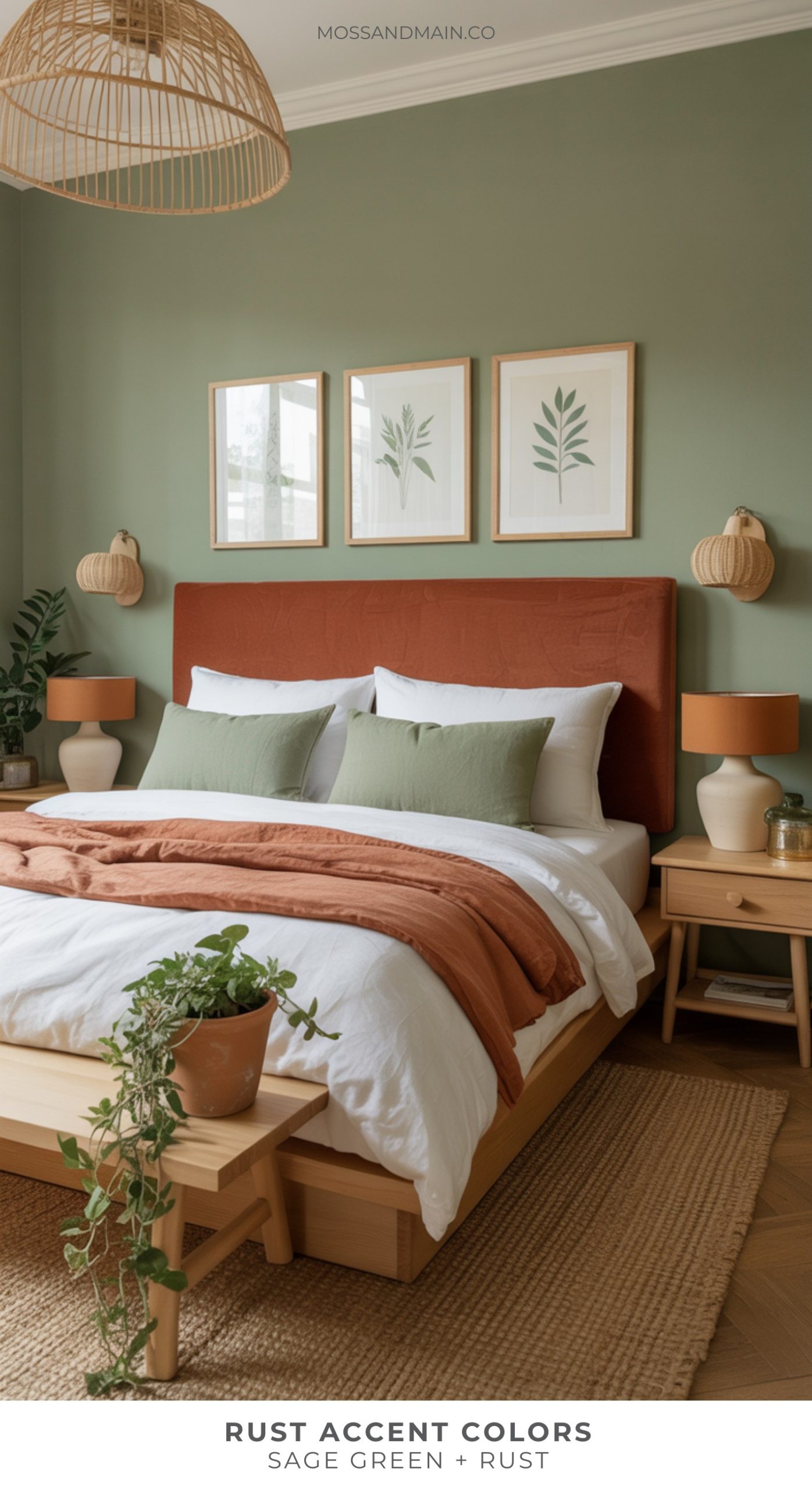 A cozy bedroom with a sage green wall, rust accent colors on the headboard and blanket, white bedding, wooden furniture, houseplants, wicker lamps, and three botanical prints above the bed enhances your rust home decor style.