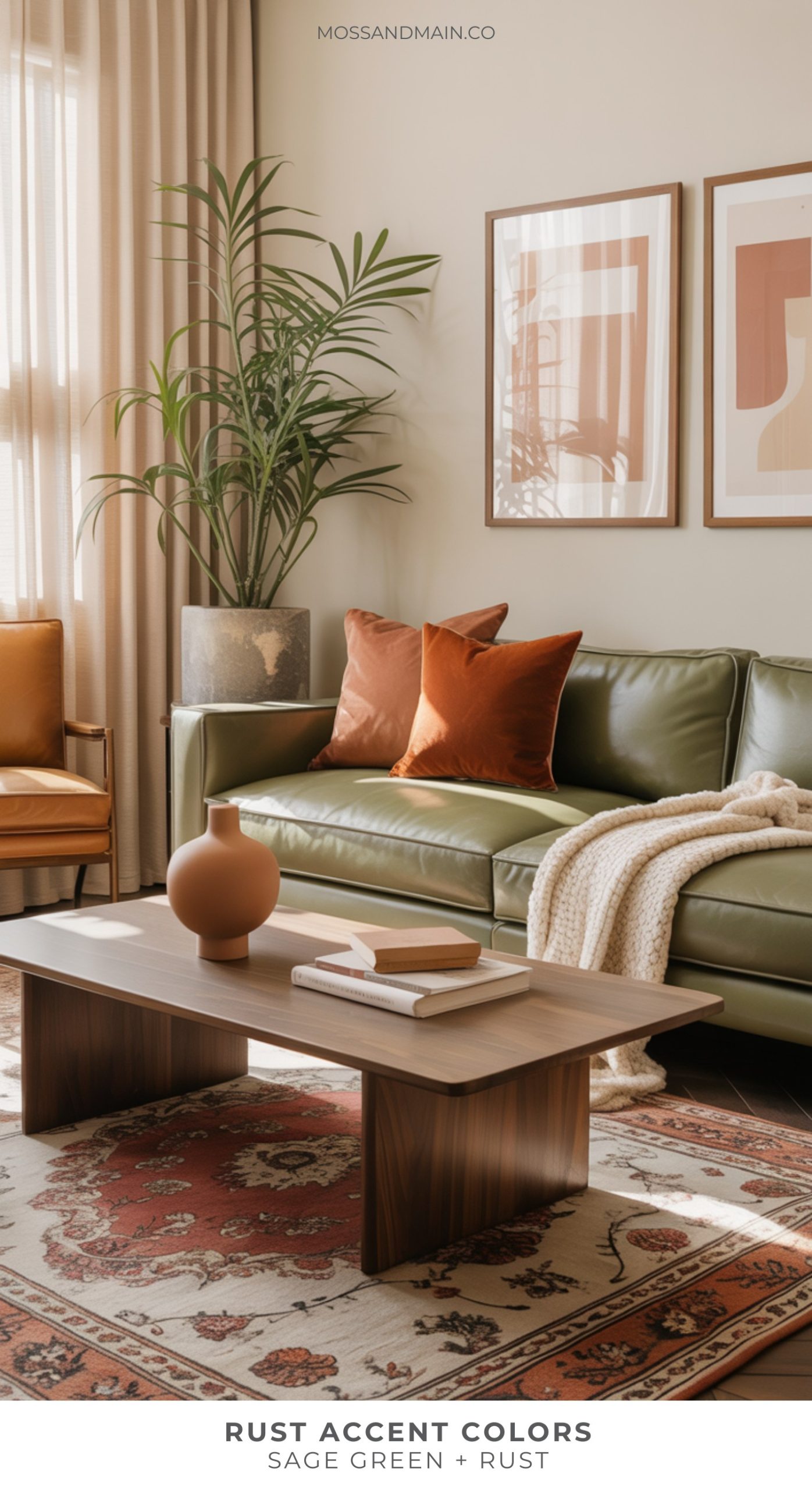 A stylish living room with a sage green leather sofa, rust-colored pillows, a wooden coffee table, houseplant, and abstract art. A cozy rug with rust accent colors ties together the inviting rust home decor elements throughout the space.