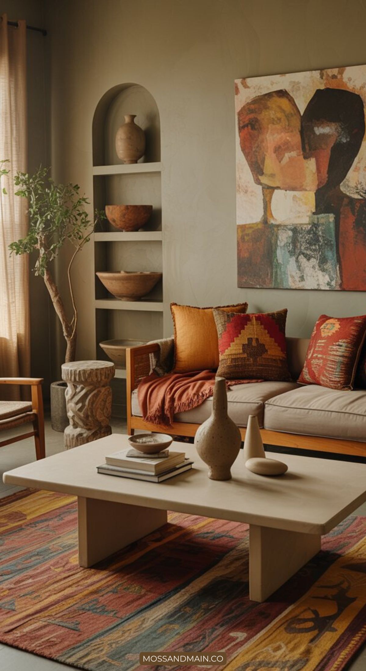 A cozy living room with earth-toned décor and Afrohemian decor, featuring a beige sofa with colorful cushions, modern coffee table, pottery, patterned rug, potted plant, wall shelves with bowls, and abstract art—reflecting textured home trends 2026.