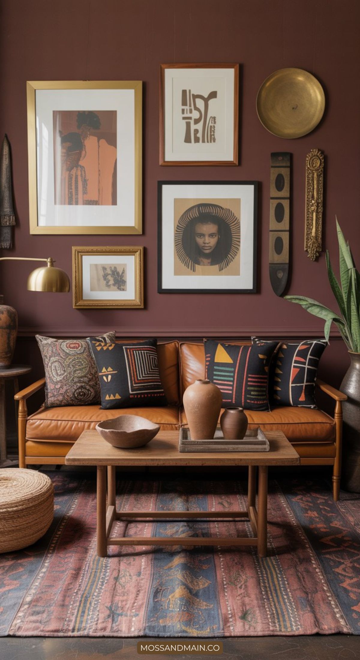 A cozy living room with a brown leather sofa, patterned pillows, and tribal-inspired Afrohemian Decor—an on-trend look for 2026. A wooden coffee table with pottery, framed art, a plant, and a woven rug add inviting warmth to the space.