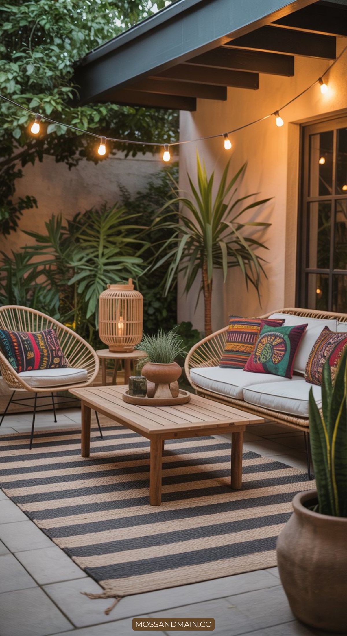 A cozy outdoor patio features rattan chairs, a wooden coffee table, a striped rug, potted plants, and string lights, embracing Afrohemian decor for a warm, inviting atmosphere at dusk.
