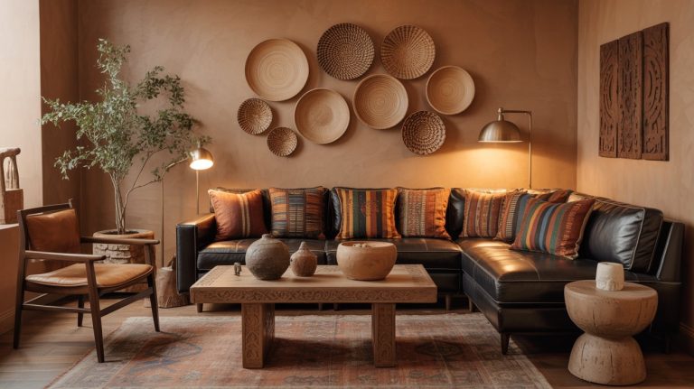 A cozy living room with Afrohemian decor featuring a black leather sectional sofa, colorful striped pillows, a wooden coffee table, woven baskets as wall art, a potted plant, an armchair, and warm ambient lighting.