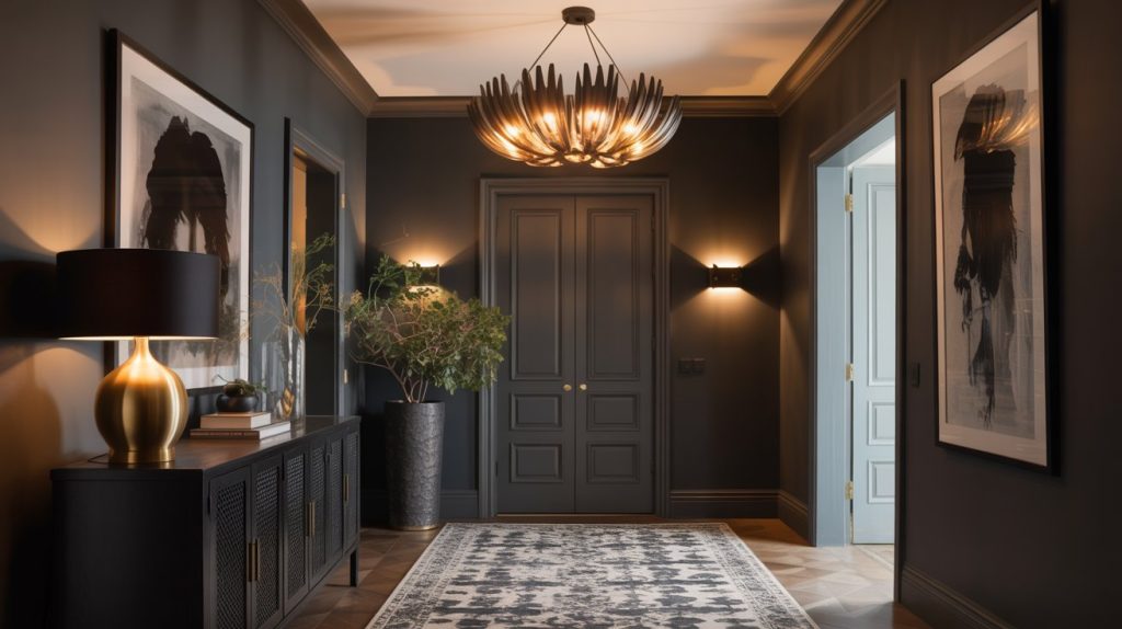 A stylish, dark and moody entryway features dark walls, a modern chandelier, large paintings, a black sideboard with a gold lamp, a leafy green plant, and a patterned rug on wood floors. Light streams in from adjacent rooms.