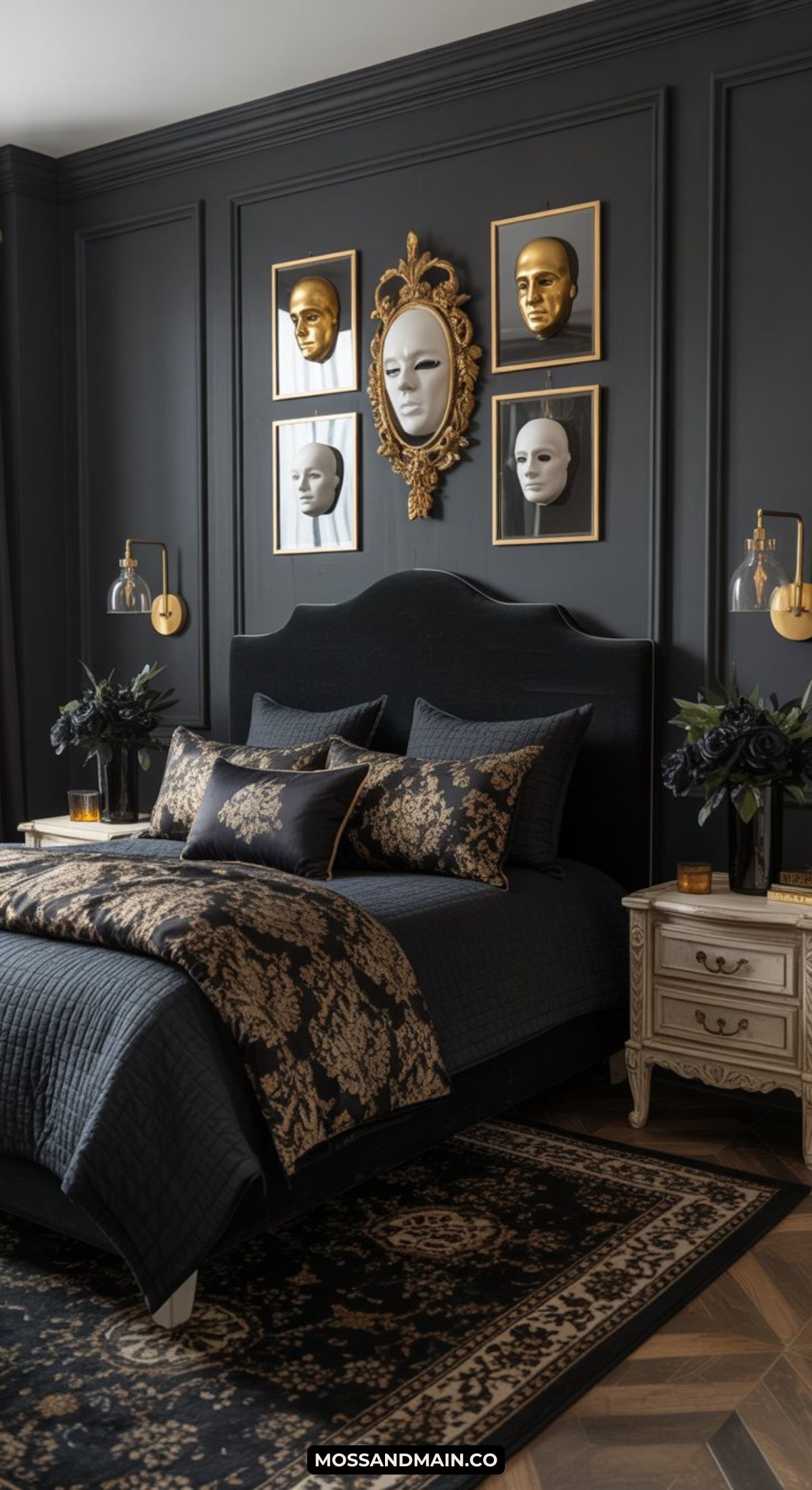 A stylish masquerade bedroom with a black and gold color scheme, featuring a dark bed with patterned bedding, ornate rugs, and wall art of sculpted masks in gold frames above the headboard.