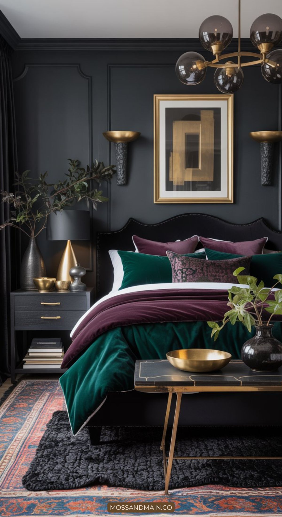 A colorful maximalist bedroom with dark walls, velvet green bedding, plum pillows, gold decor accents, a modern chandelier, framed abstract art, and leafy green plants creates an elegant yet cozy atmosphere.