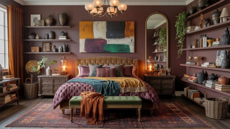 A stylish, colorful maximalist bedroom with a tufted bed, vibrant bedding, vintage nightstands, warm lamps, and eclectic decor. Books and plants fill shelves along maroon walls, crowned by a large abstract painting above the bed.