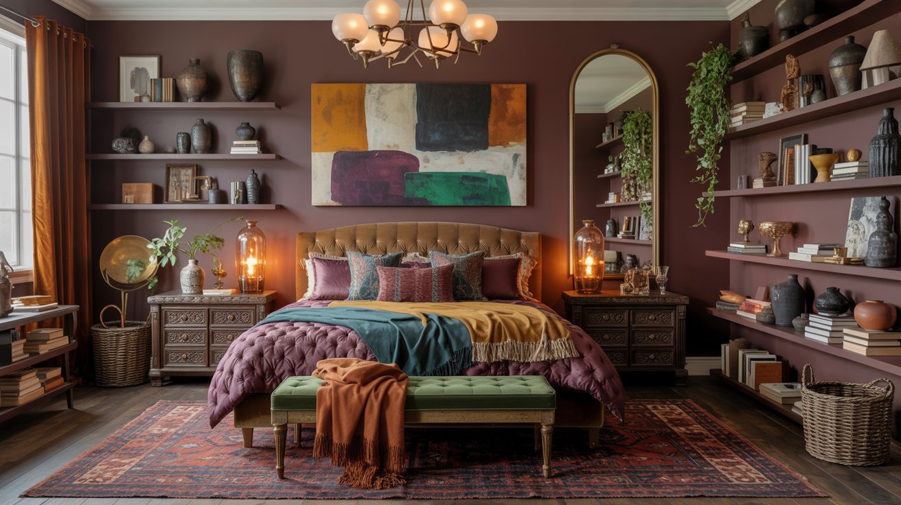 A stylish, colorful maximalist bedroom with a tufted bed, vibrant bedding, vintage nightstands, warm lamps, and eclectic decor. Books and plants fill shelves along maroon walls, crowned by a large abstract painting above the bed.