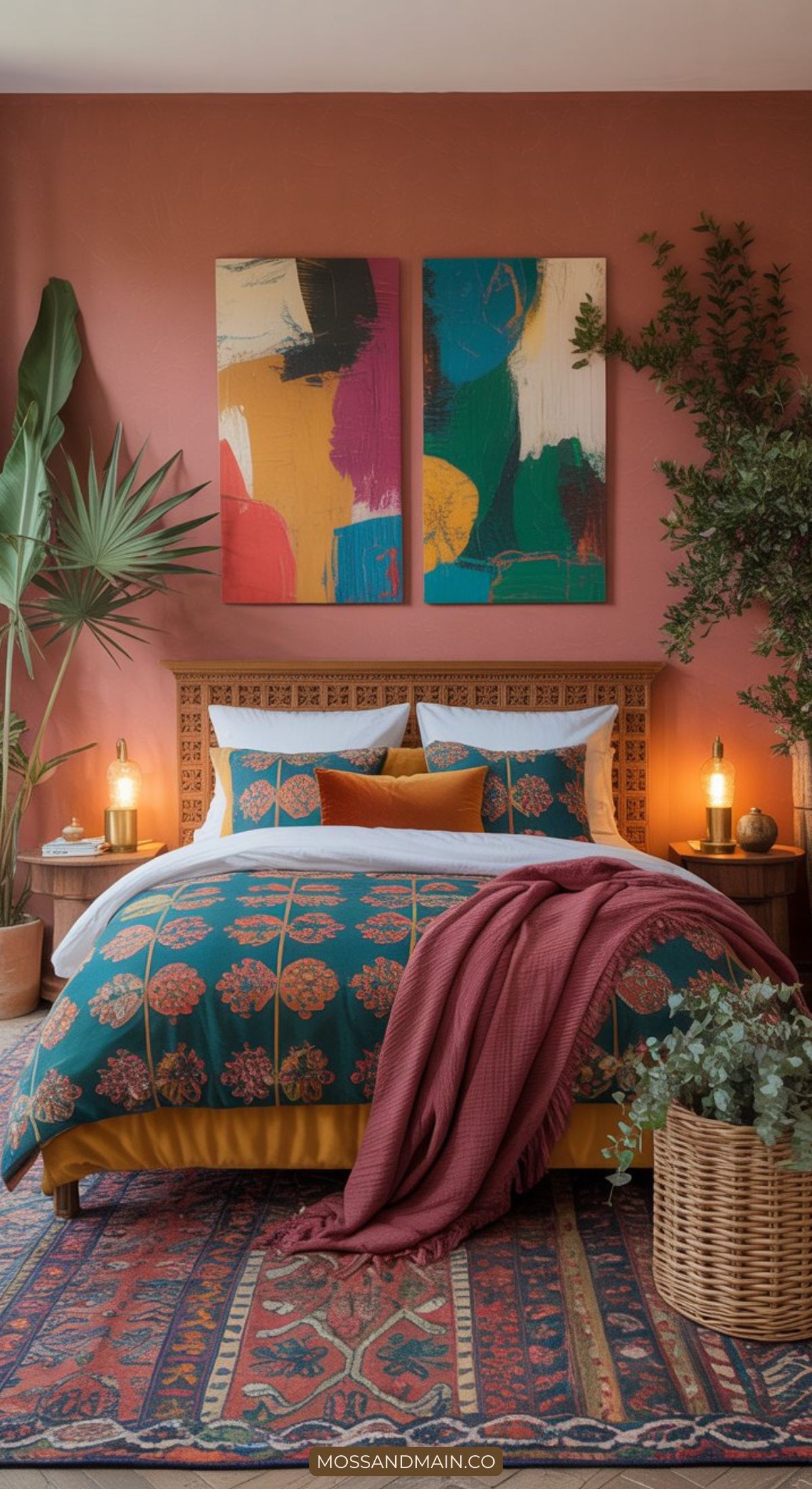 A cozy, colorful maximalist bedroom with a vibrant bedspread, abstract art above the bed, warm-toned walls, potted plants, a textured rug, and soft bedside lighting. A woven basket with a blanket rests at the foot of the bed.