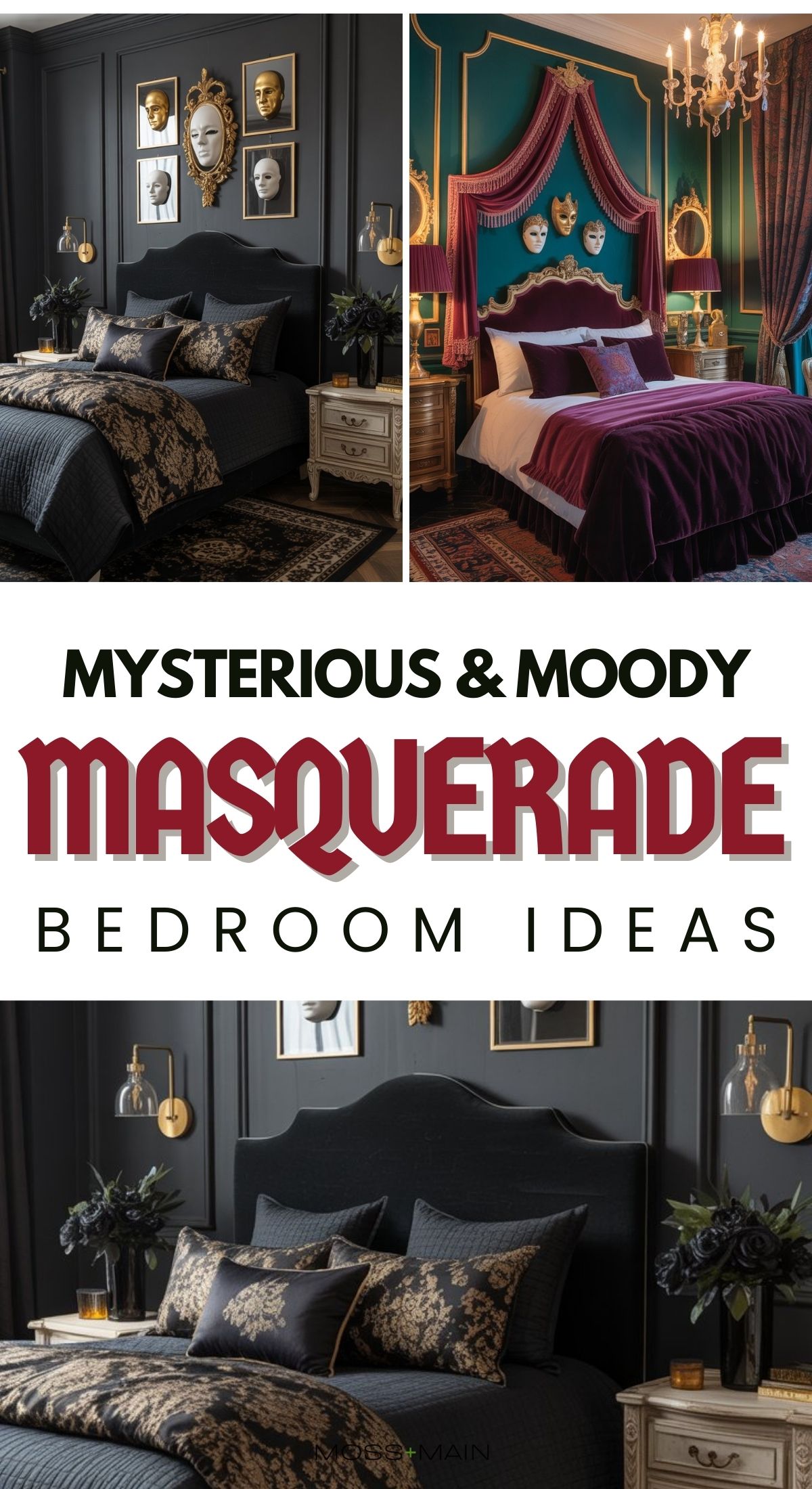 A collage features luxurious, moody bedrooms styled with masquerade masks, dark bedding, ornate décor, and dramatic drapery. Text in the center reads: Masquerade Bedroom Ideas for a Mysterious & Moody Escape.
