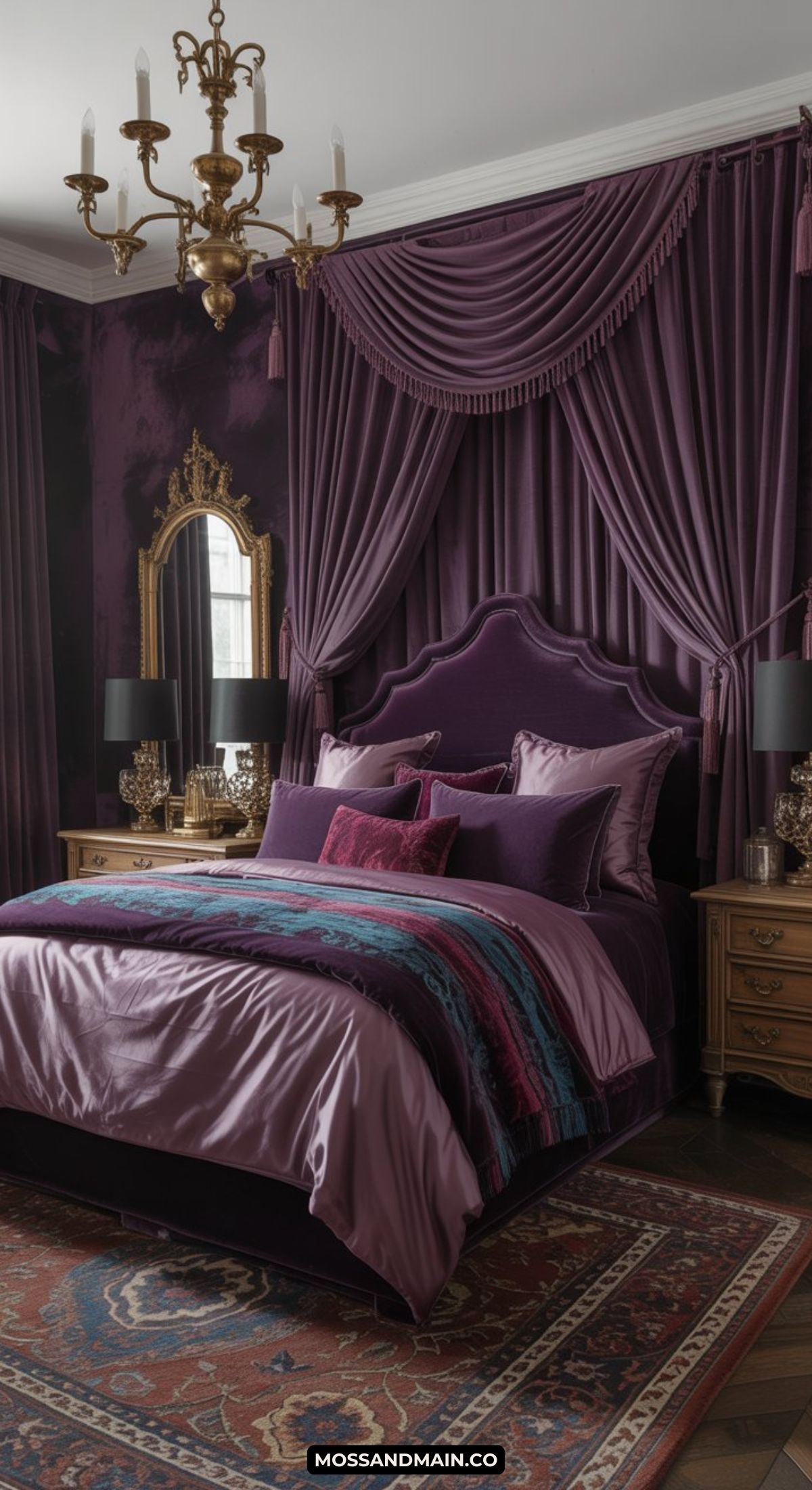 A luxurious masquerade bedroom with deep purple walls, matching drapes, and bedding. The ornate bed has velvet pillows and throws. Antique bedside tables hold lamps and decor, while a chandelier glimmers above a patterned rug.