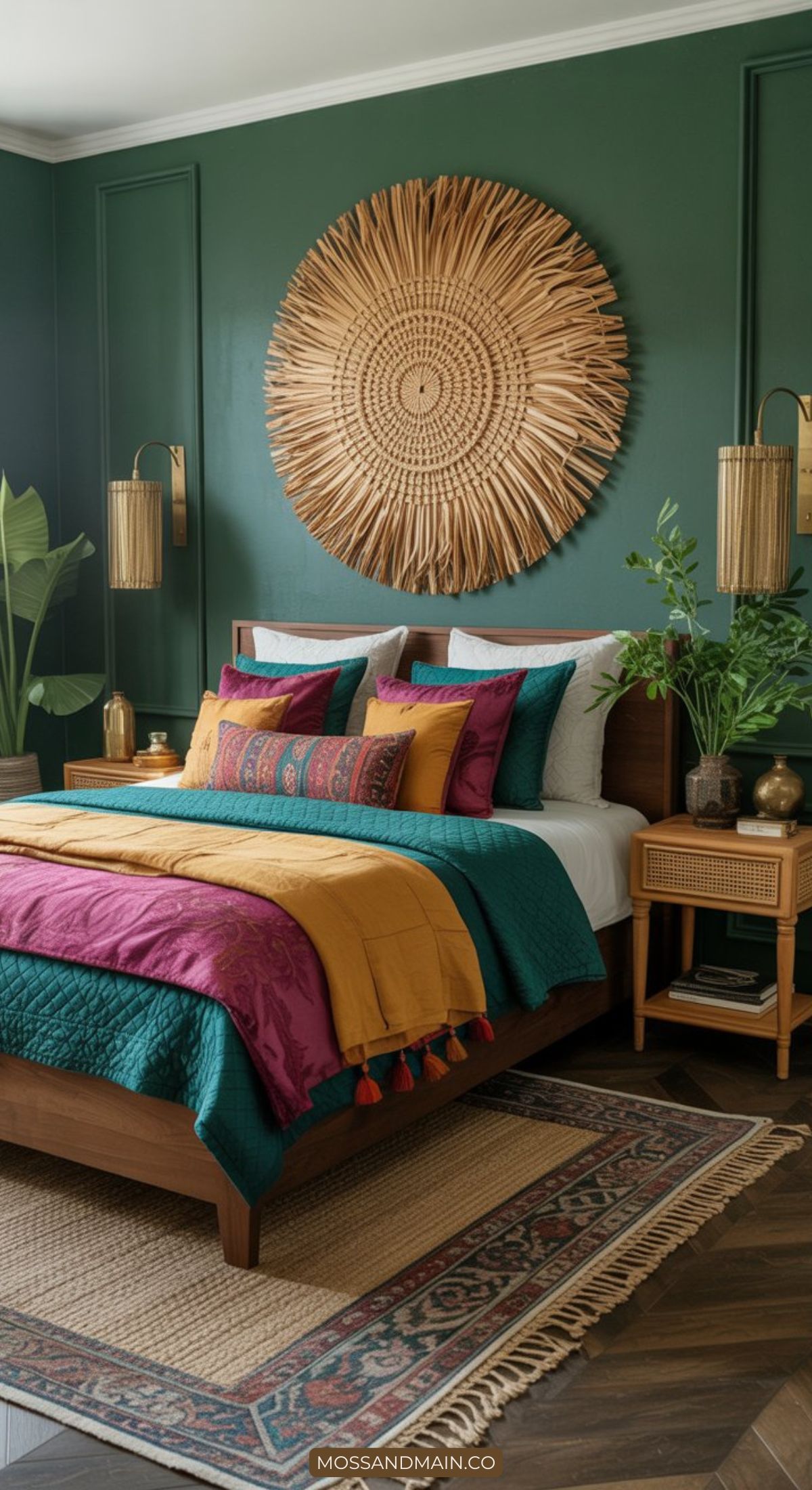 A stylish, colorful maximalist bedroom with green walls, a woven sunburst above the bed, vibrant gold, teal, and magenta bedding, rattan nightstands, lush plants, and warm lighting create a cozy, boho-chic vibe.