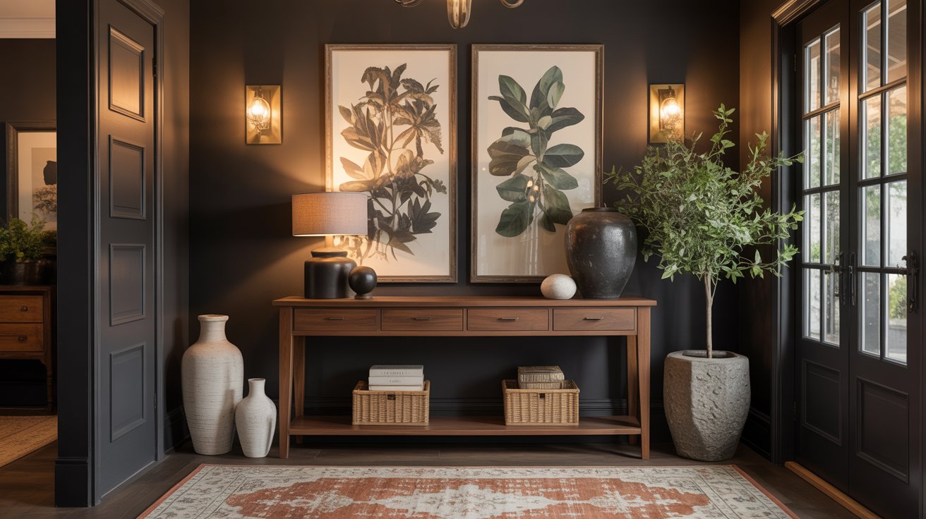 A stylish entryway with dark walls, a wooden console table, large botanical art, ceramic vases, a table lamp, woven baskets, and a potted plant—perfect for moody entryway ideas and an unforgettable first impression.