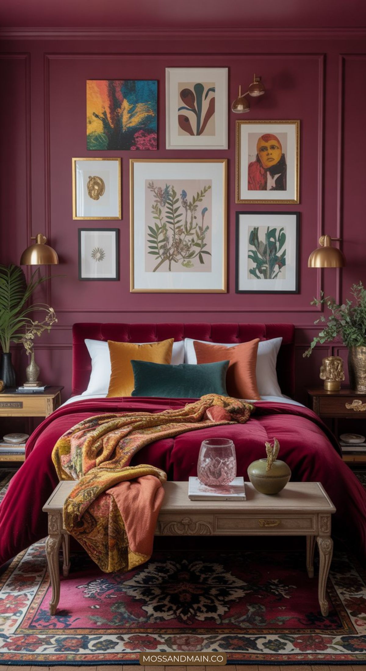 A stylish bedroom with deep red walls and matching bed embraces bold colors, colorful accent pillows, botanical art, gold sconces, plants, and a patterned rug for a cozy, vibrant atmosphere—a true maximalist color haven.